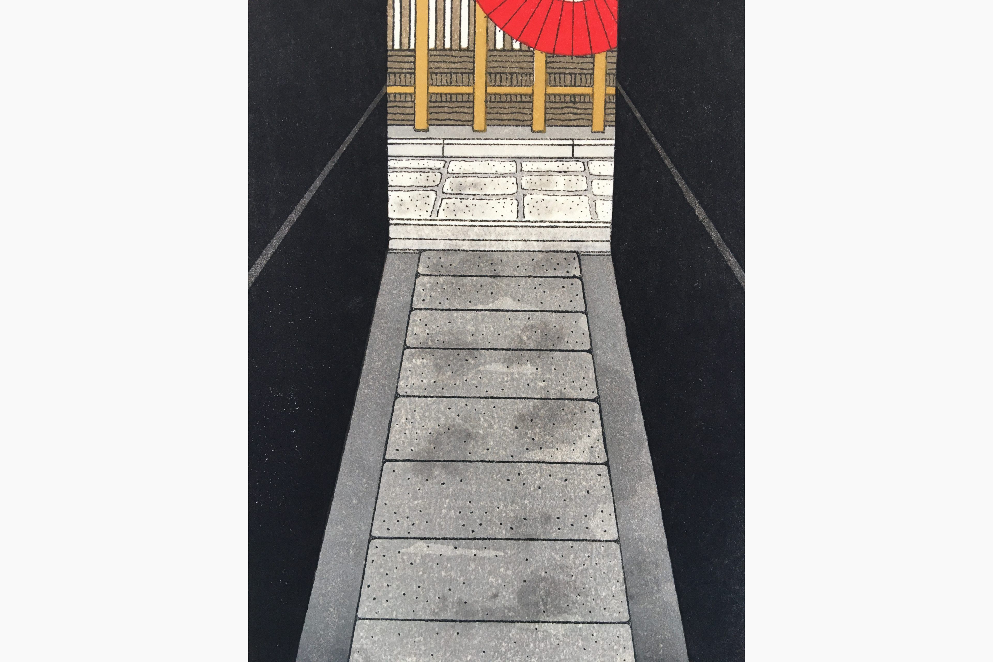 Estampa japonesa - Teruhide Kato - Red Umbrella in the Alleyway