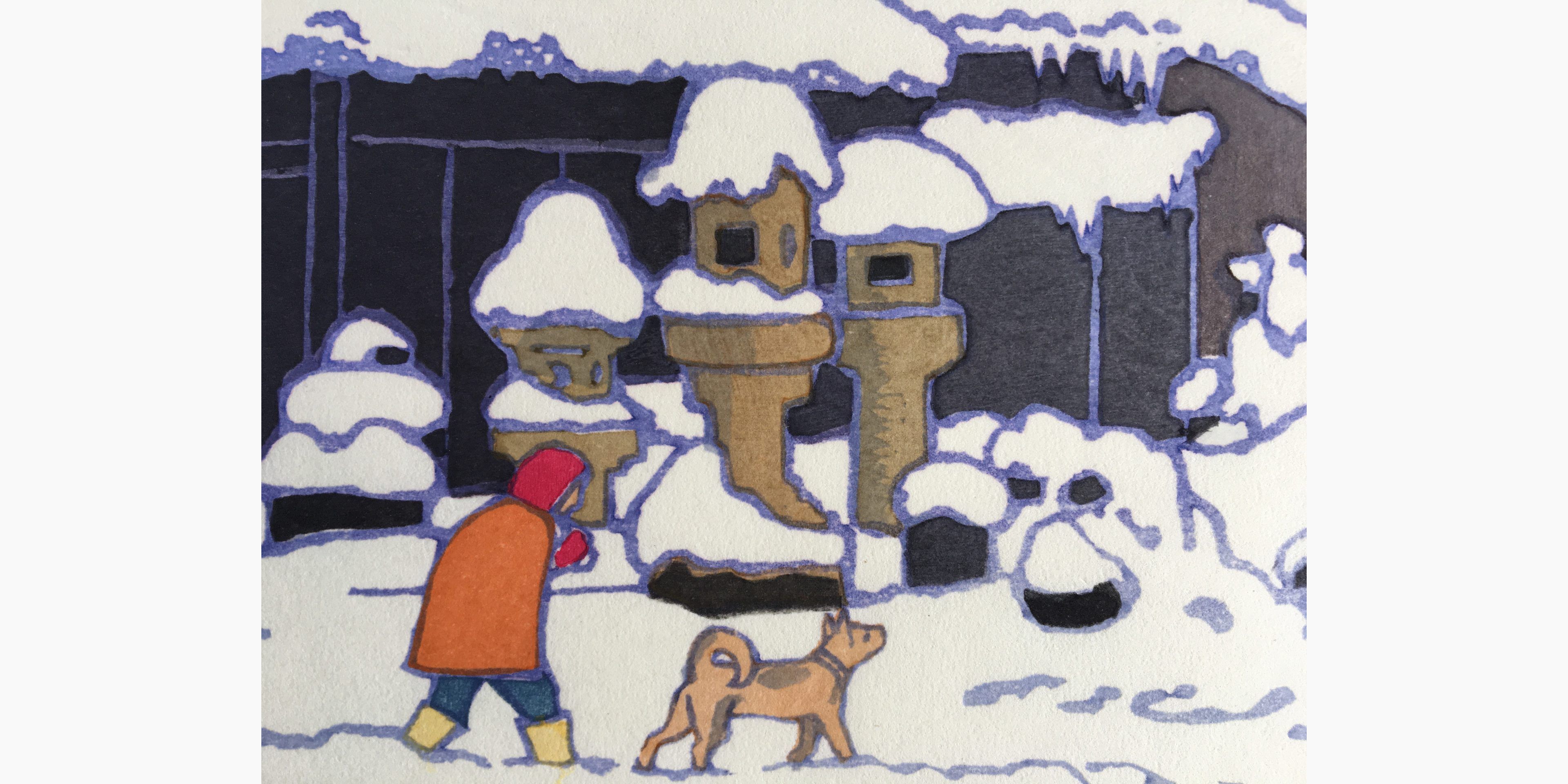 Japanese woodblock print - Toshi Yoshida - Snow and Stone Lantarns