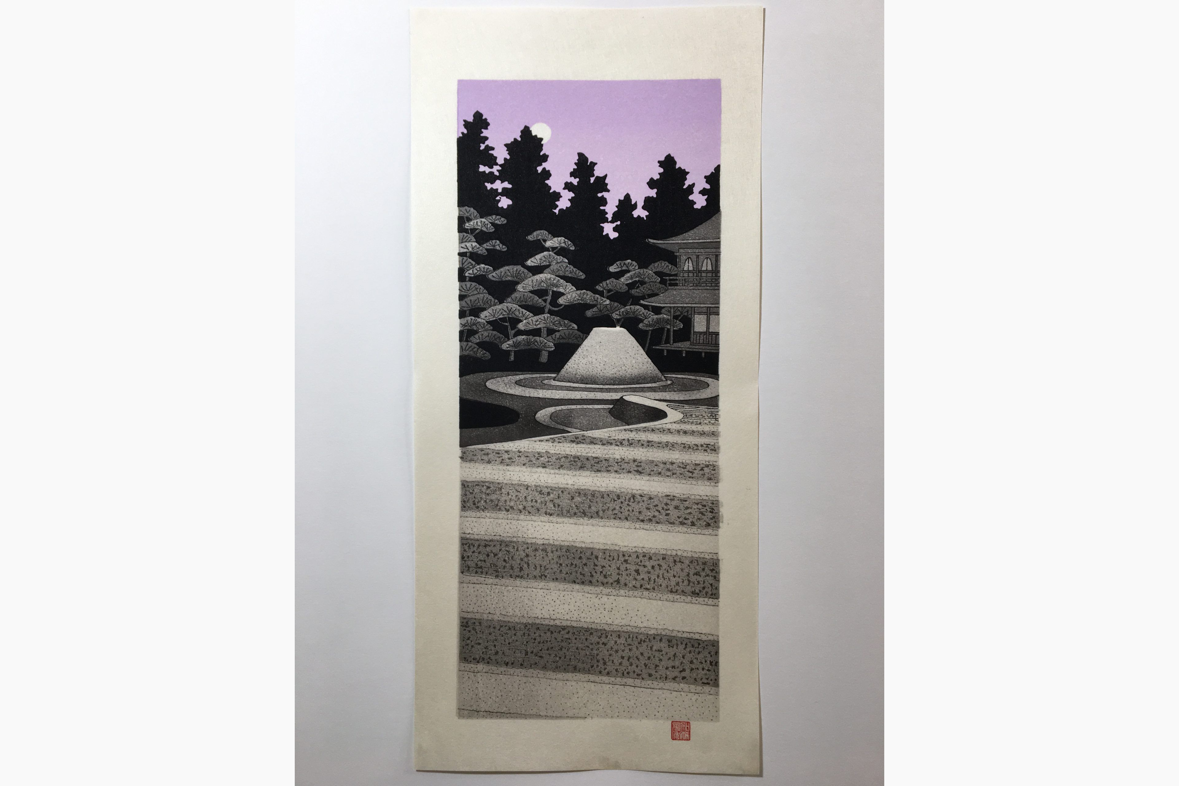 Original woodblock print - Teruhide Kato - Moonlight at Ginkaku-ji Temple