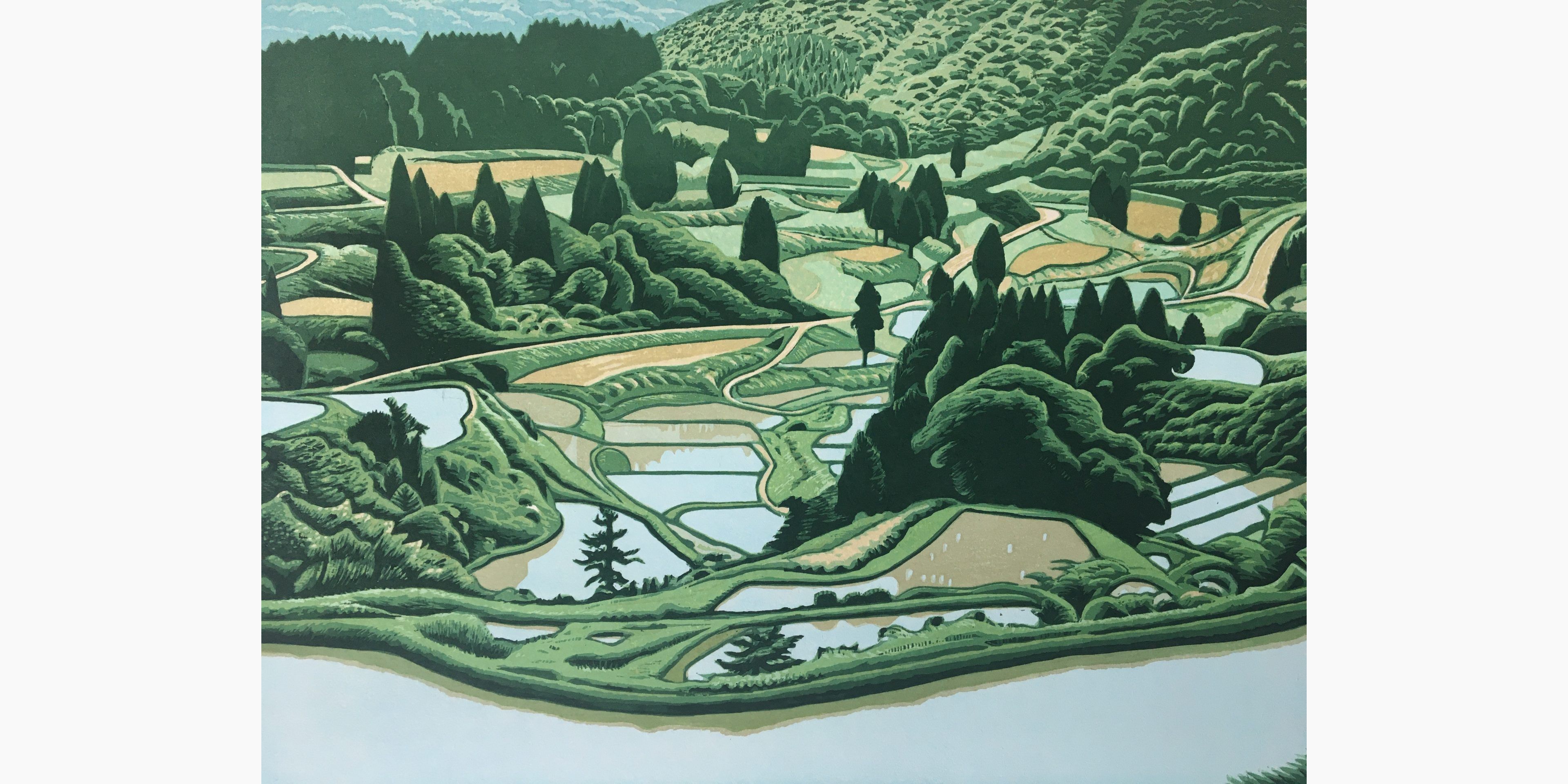 Japanese woodblock print - Maeda Koichi - Rice Paddies at Tokamachi