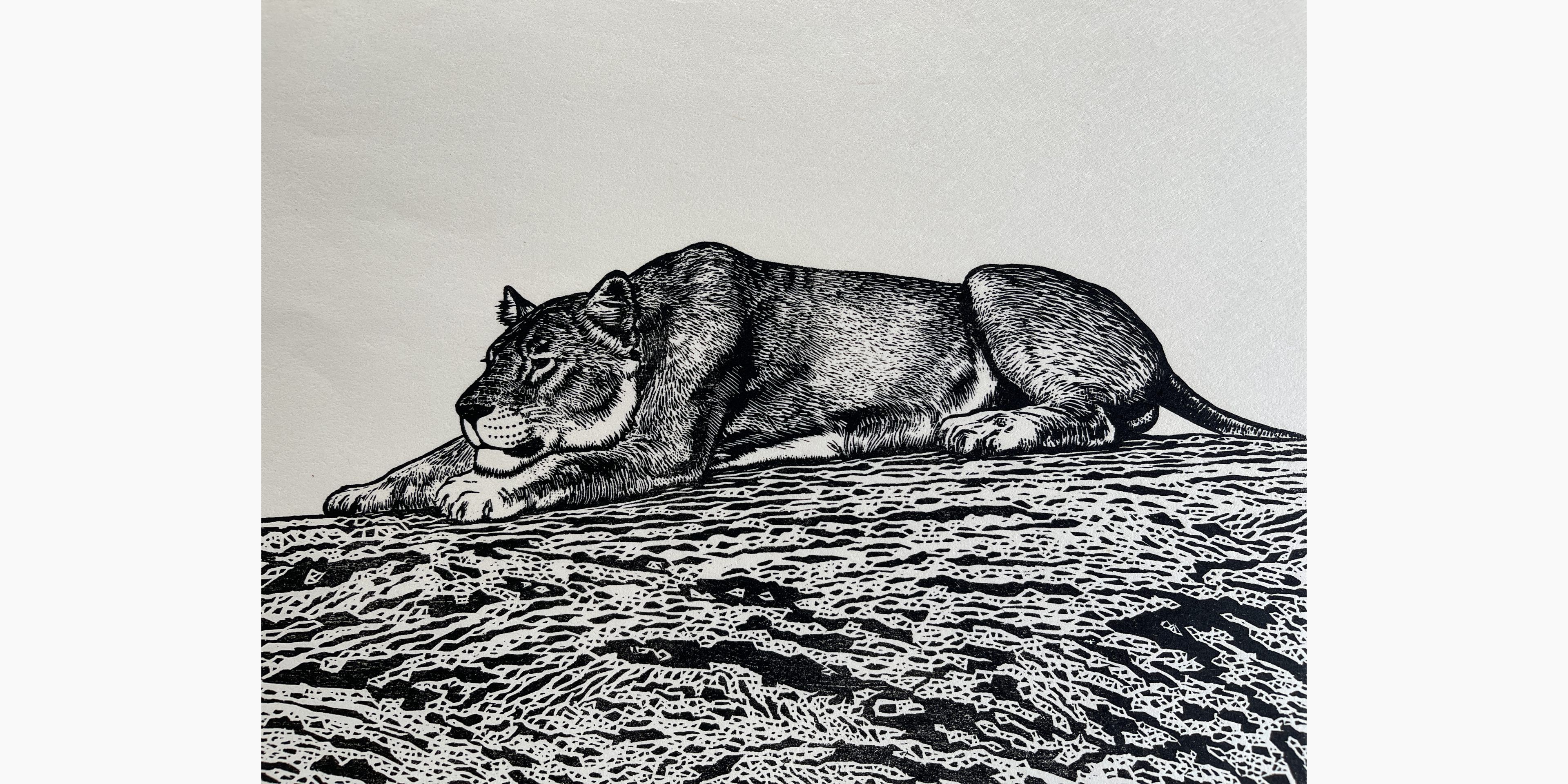 Japanese woodblock print - Toshi Yoshida - Lion (female)