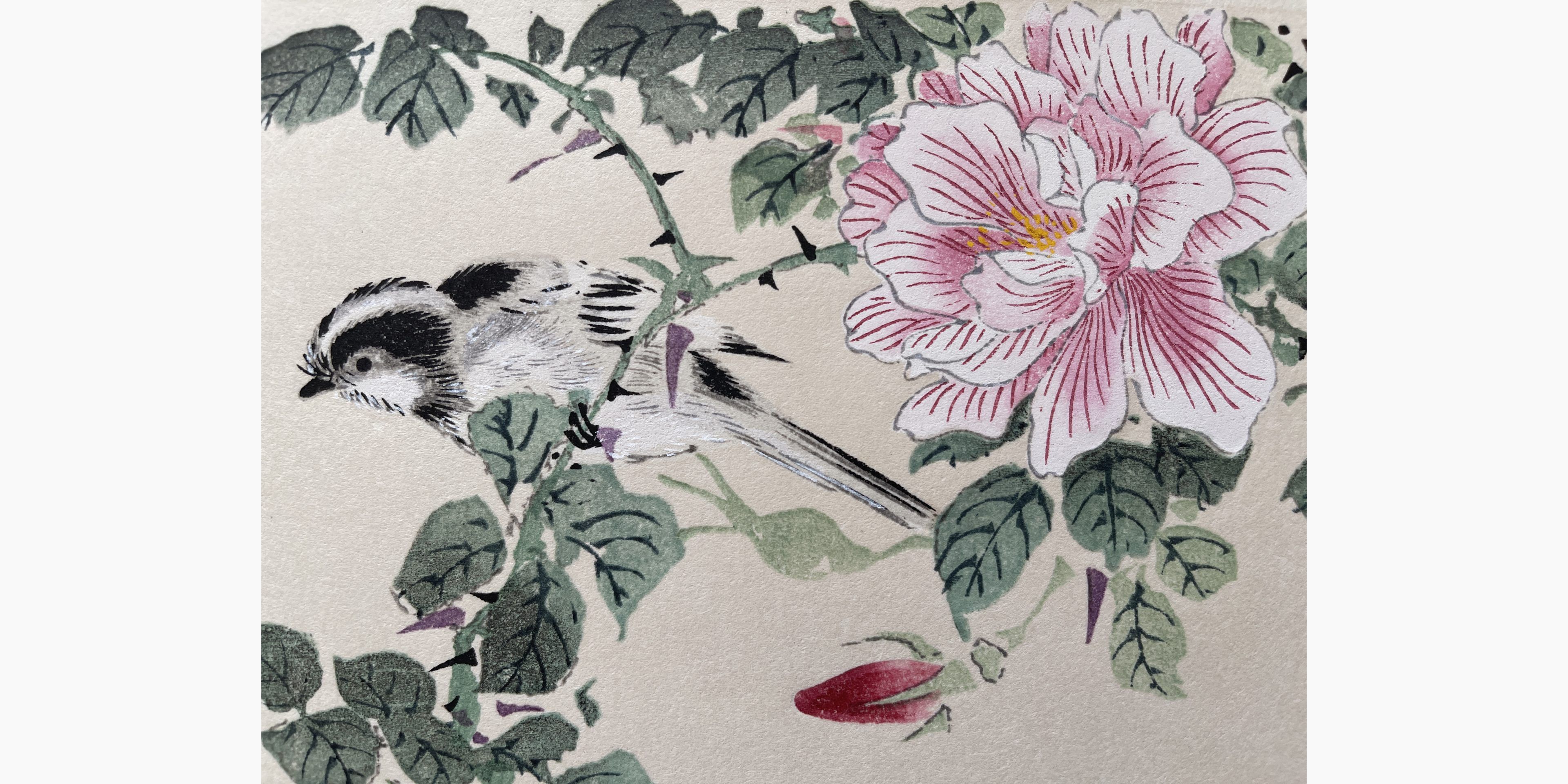 Japanese print - Imao Keinen - Rose and Bird