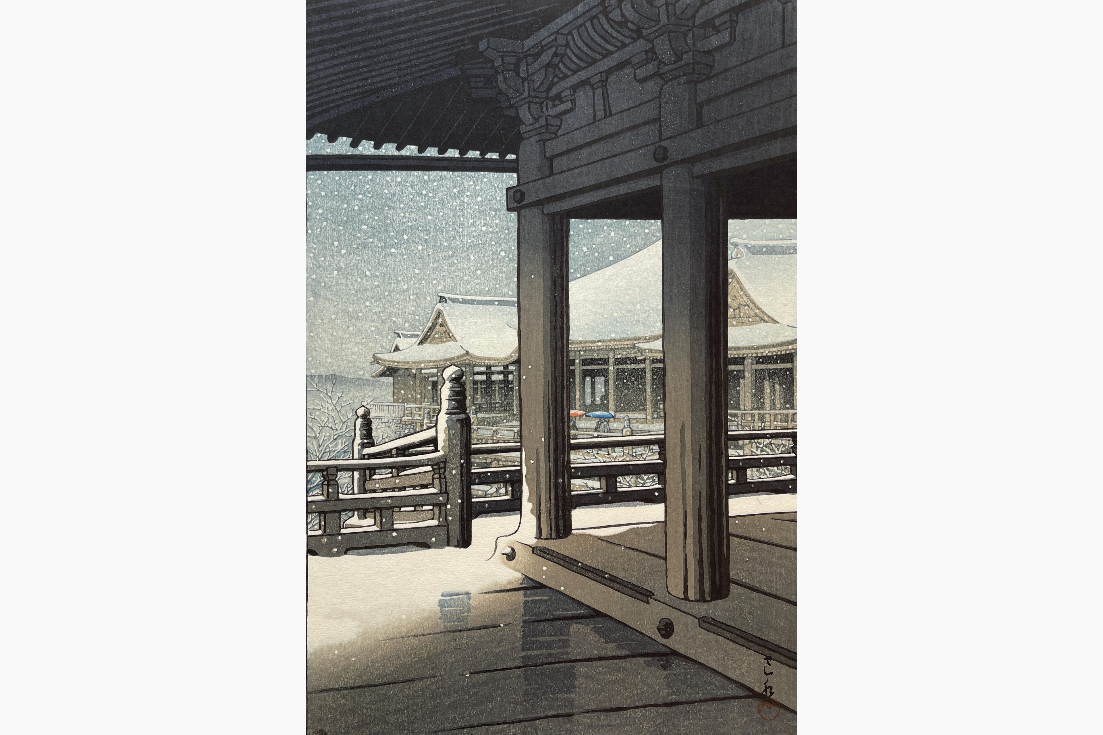 Original woodblock print - Kawase Hasui - Evening Snowfall at Kiyomizu Temple
