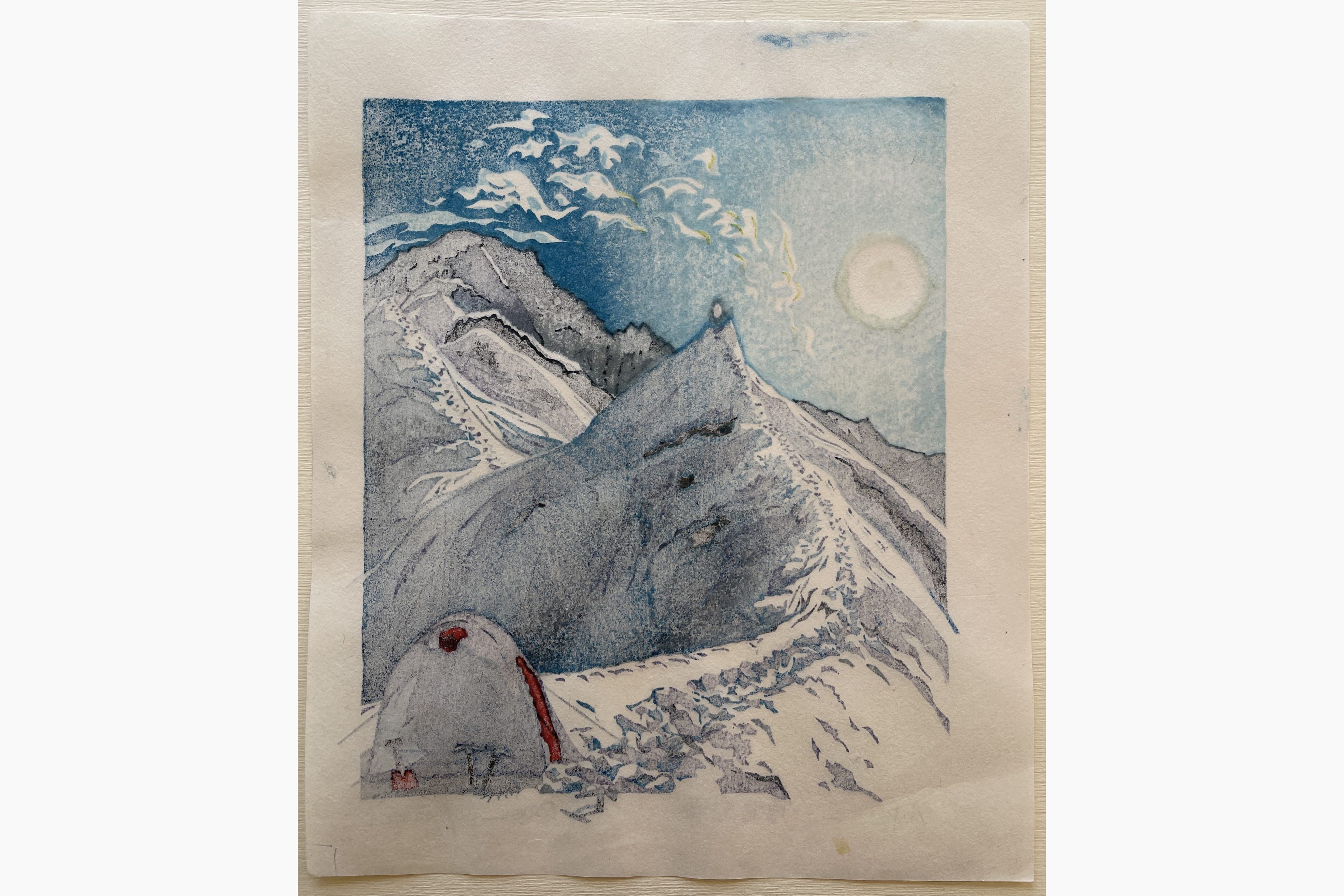 Original Japanese woodblock print - Osamu Sugiyama - Climbing up along a Snow Ridge