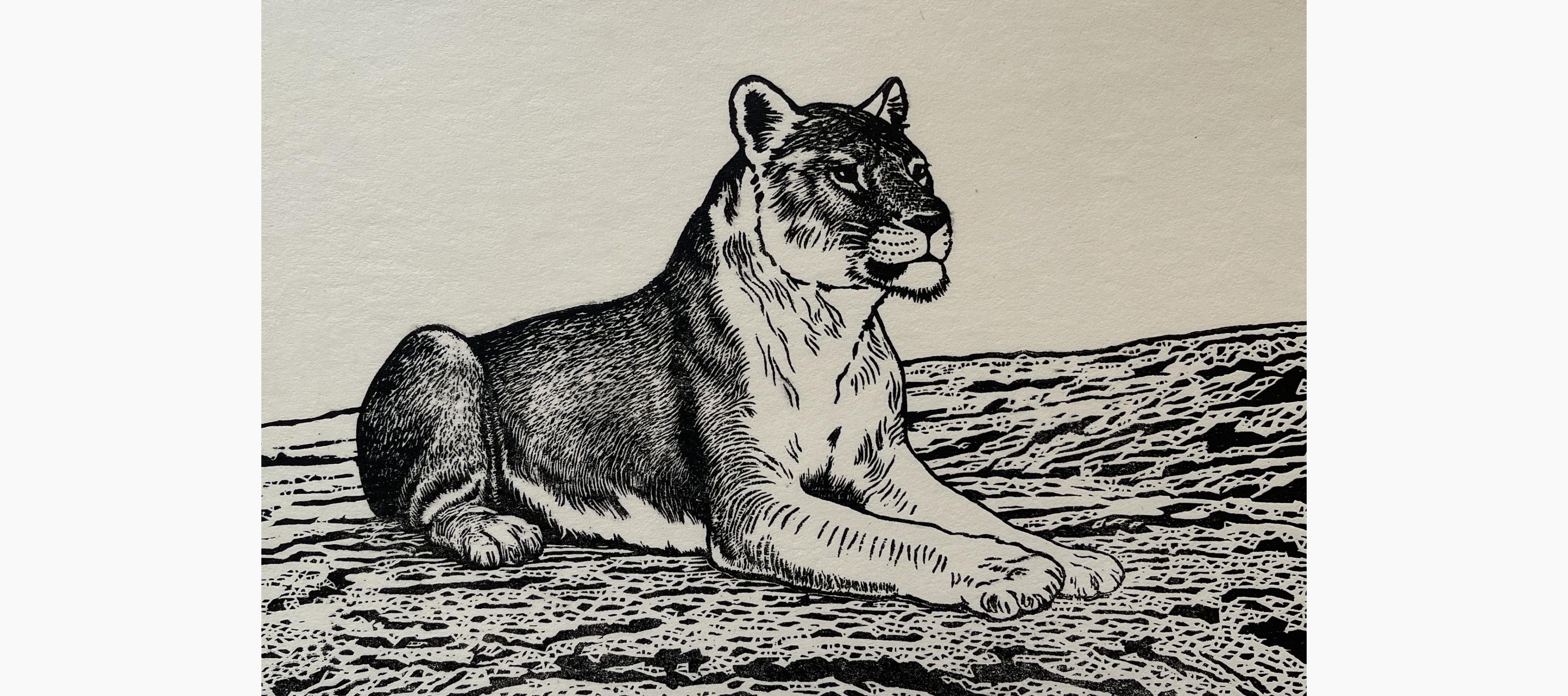 Original woodblock print - Toshi Yoshida - Lion (female B)