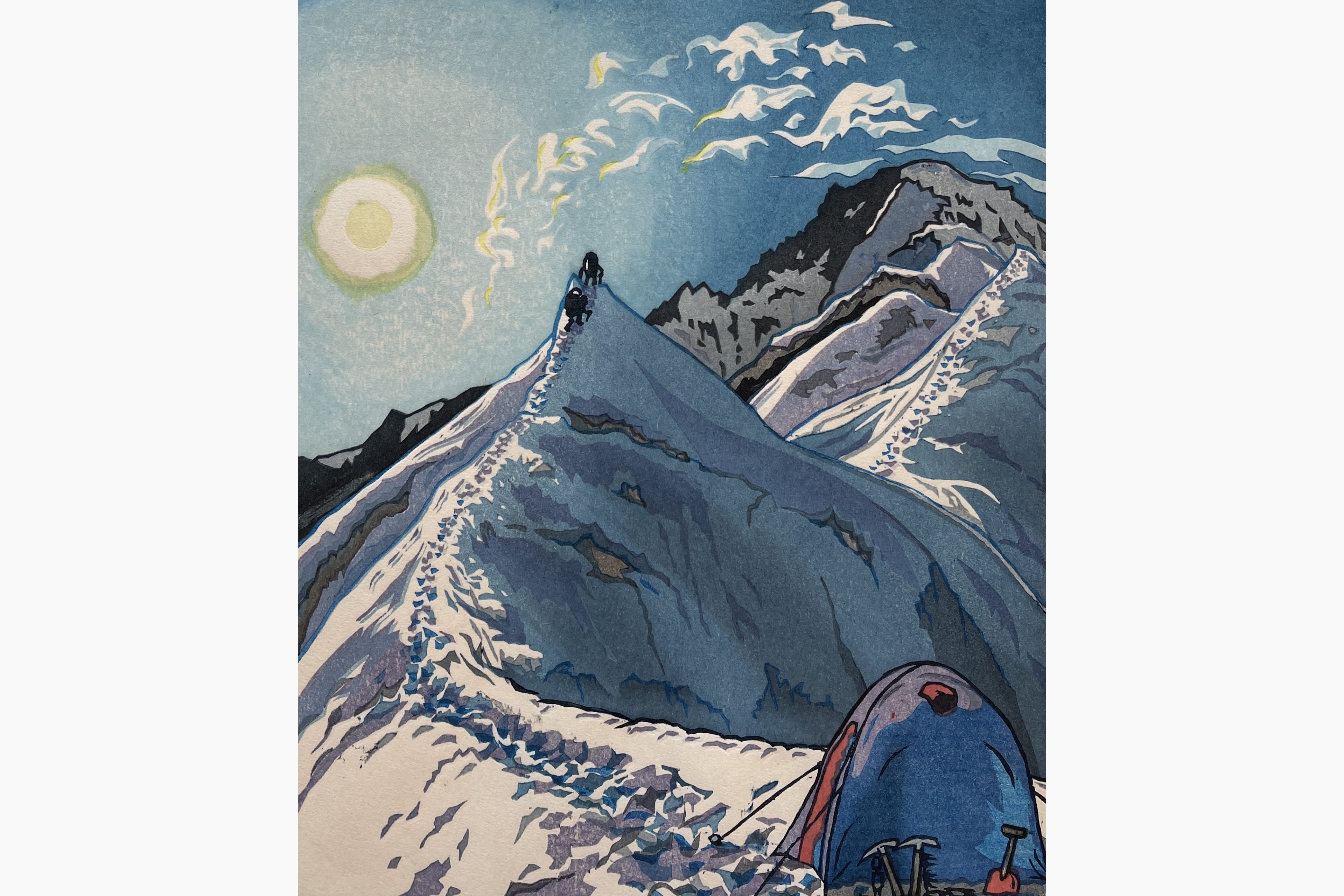 Woodblock print - Osamu Sugiyama - Climbing up along a Snow Ridge