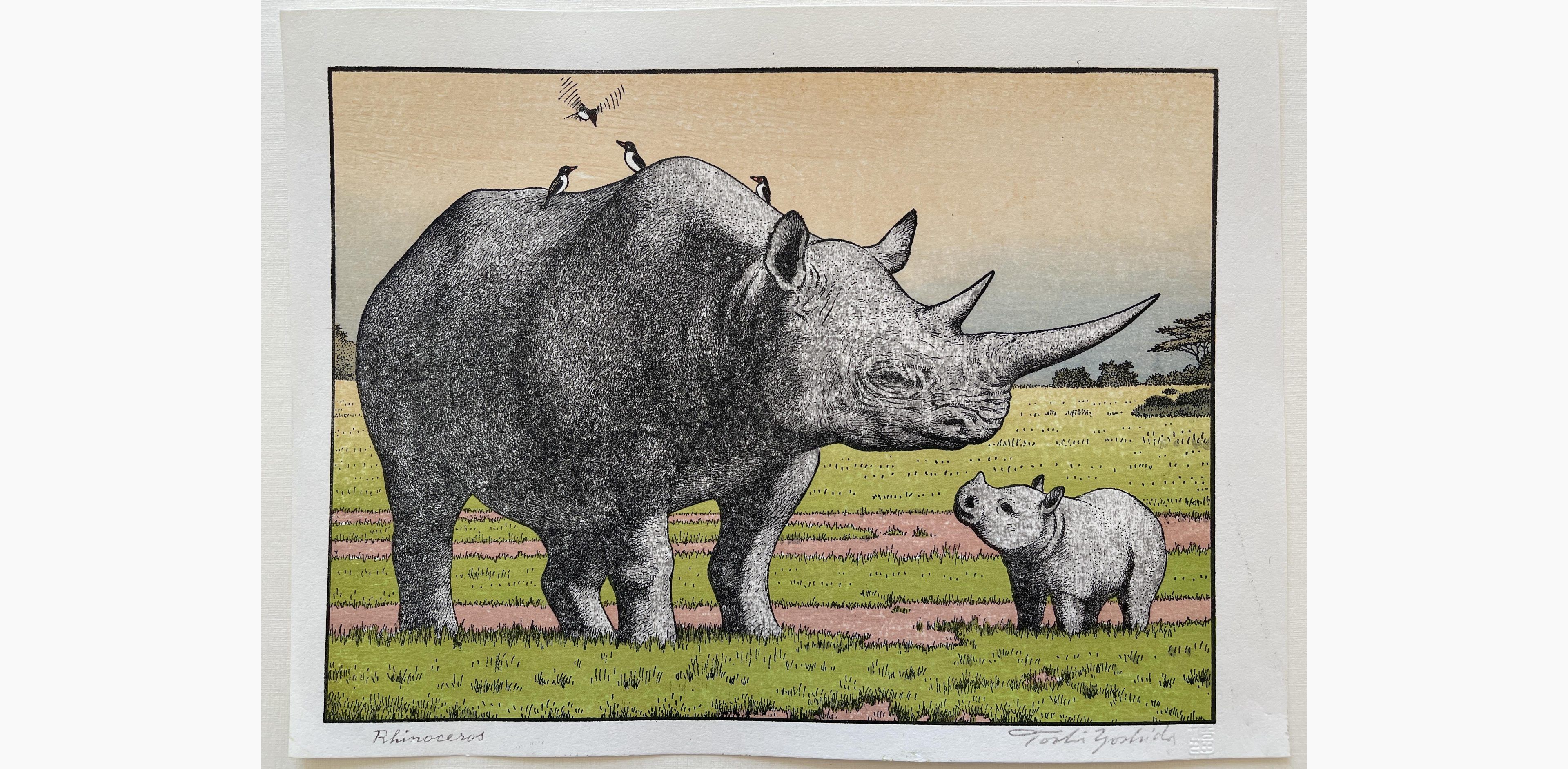 Japanese woodblock print - Toshi Yoshida - Rhinoceros