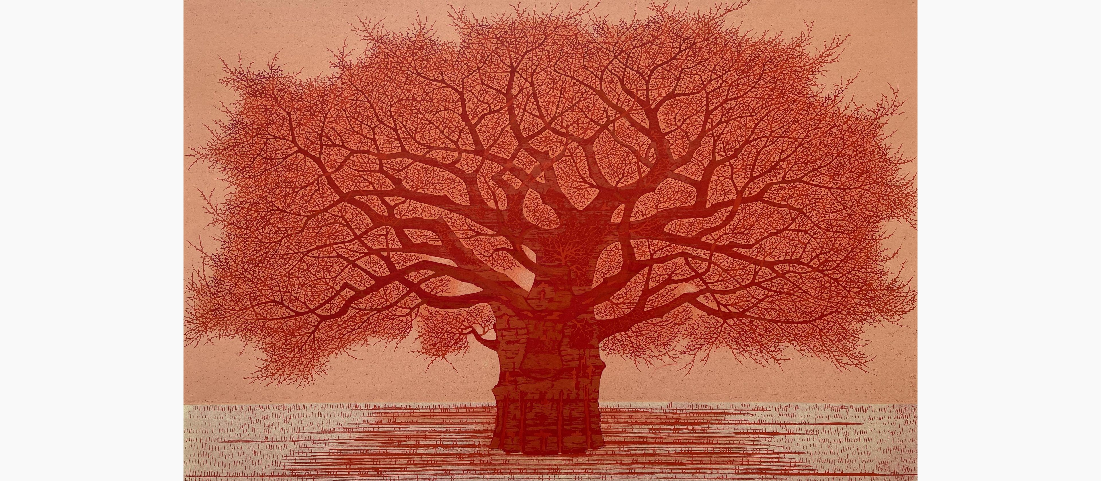 Original woodblock print - Nishida Tadashige - Deep-Crimson Huge Tree