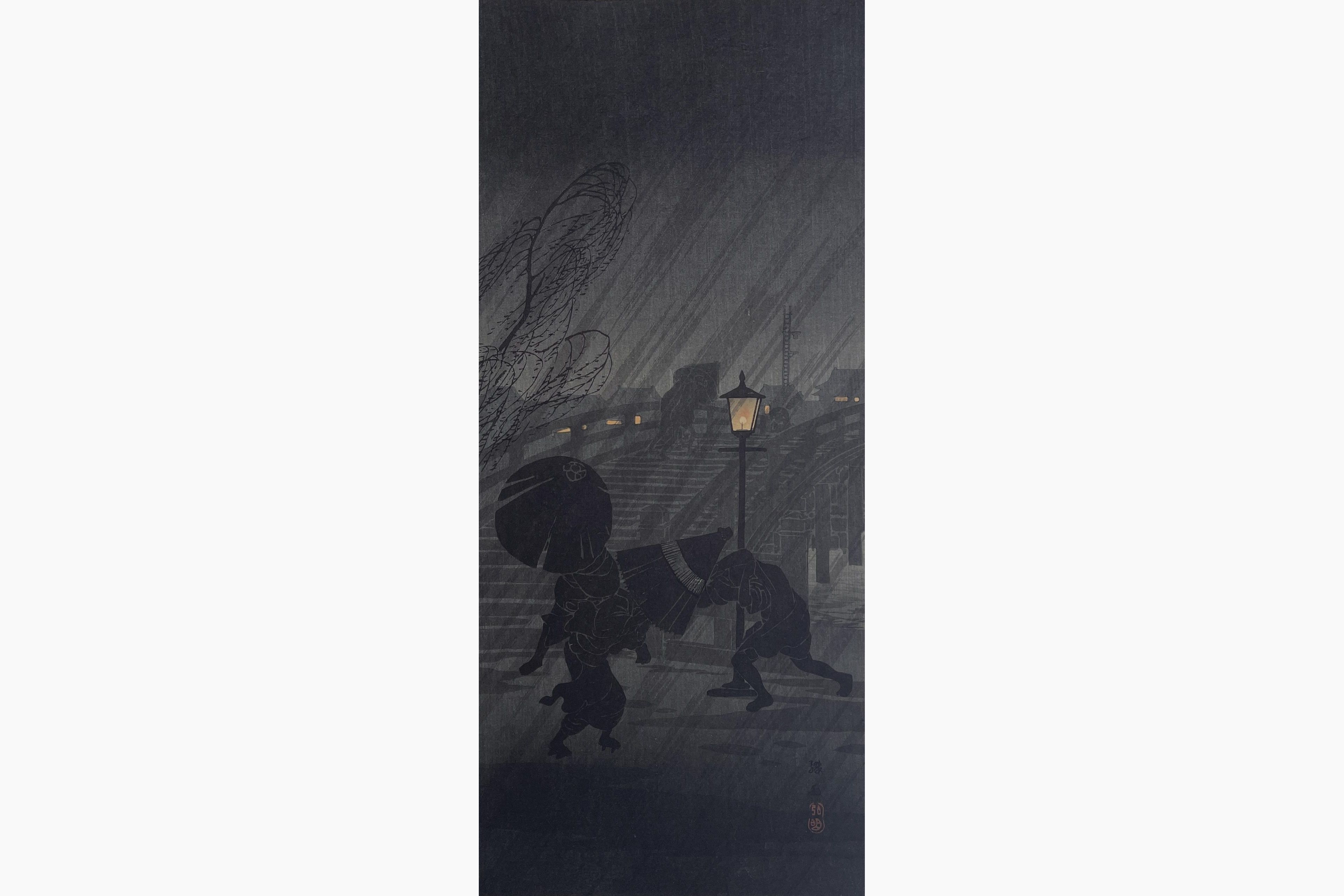 Original woodblock print - Takahashi Shotei - Sudden Night Rain near a Bridge