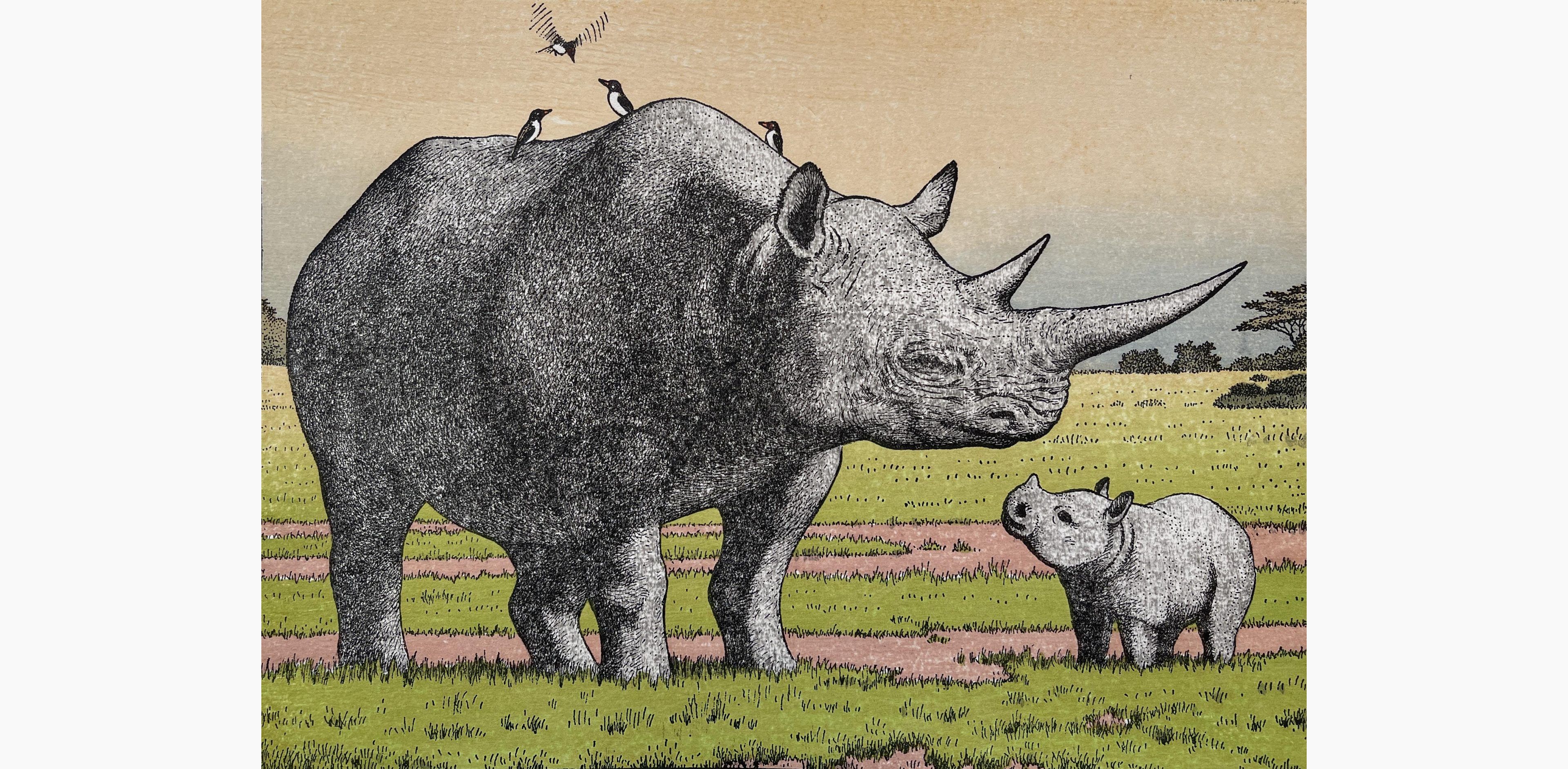 Original woodblock print - Toshi Yoshida - Rhinoceros