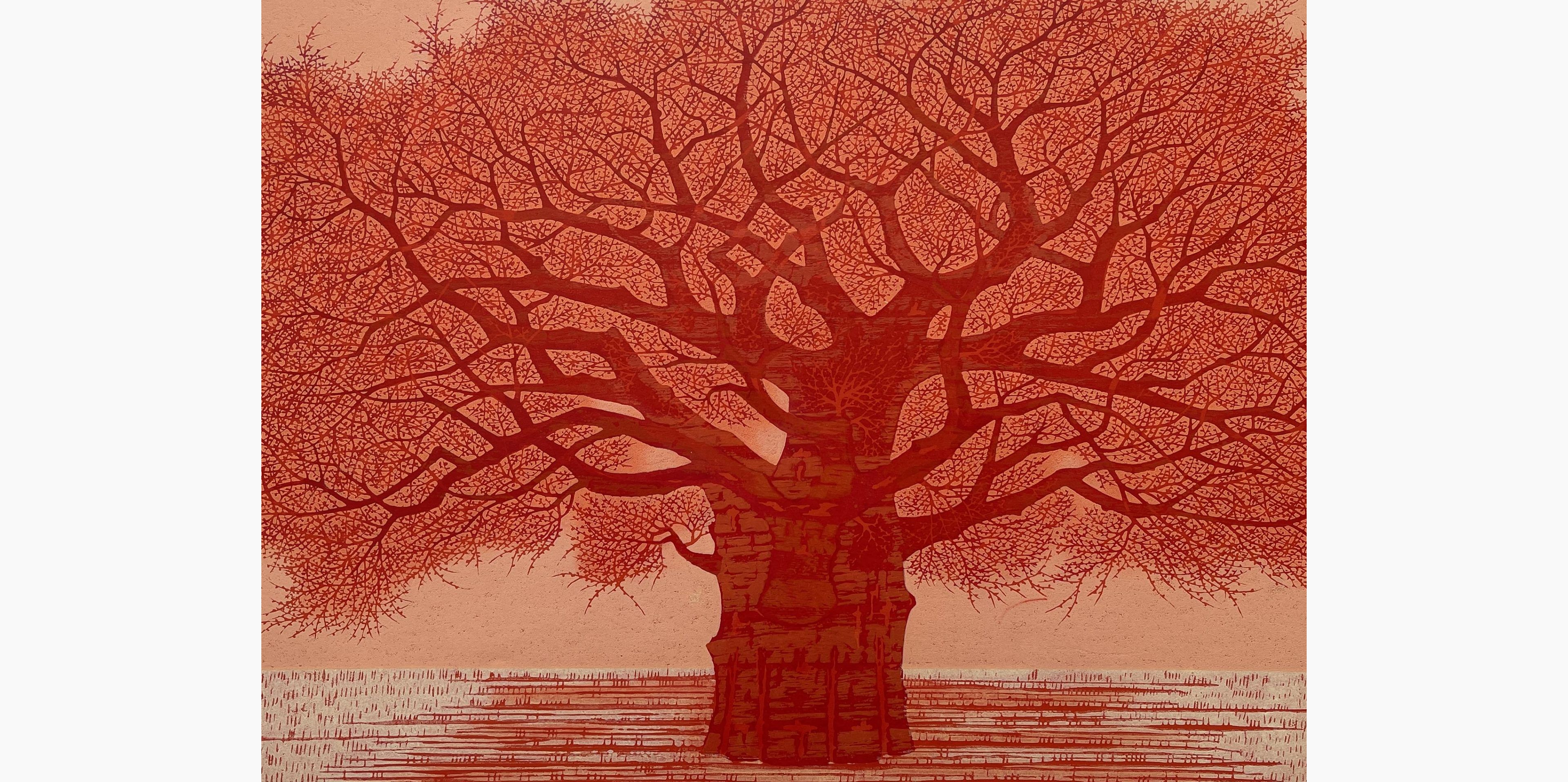 Woodblock print - Nishida Tadashige - Deep-Crimson Huge Tree