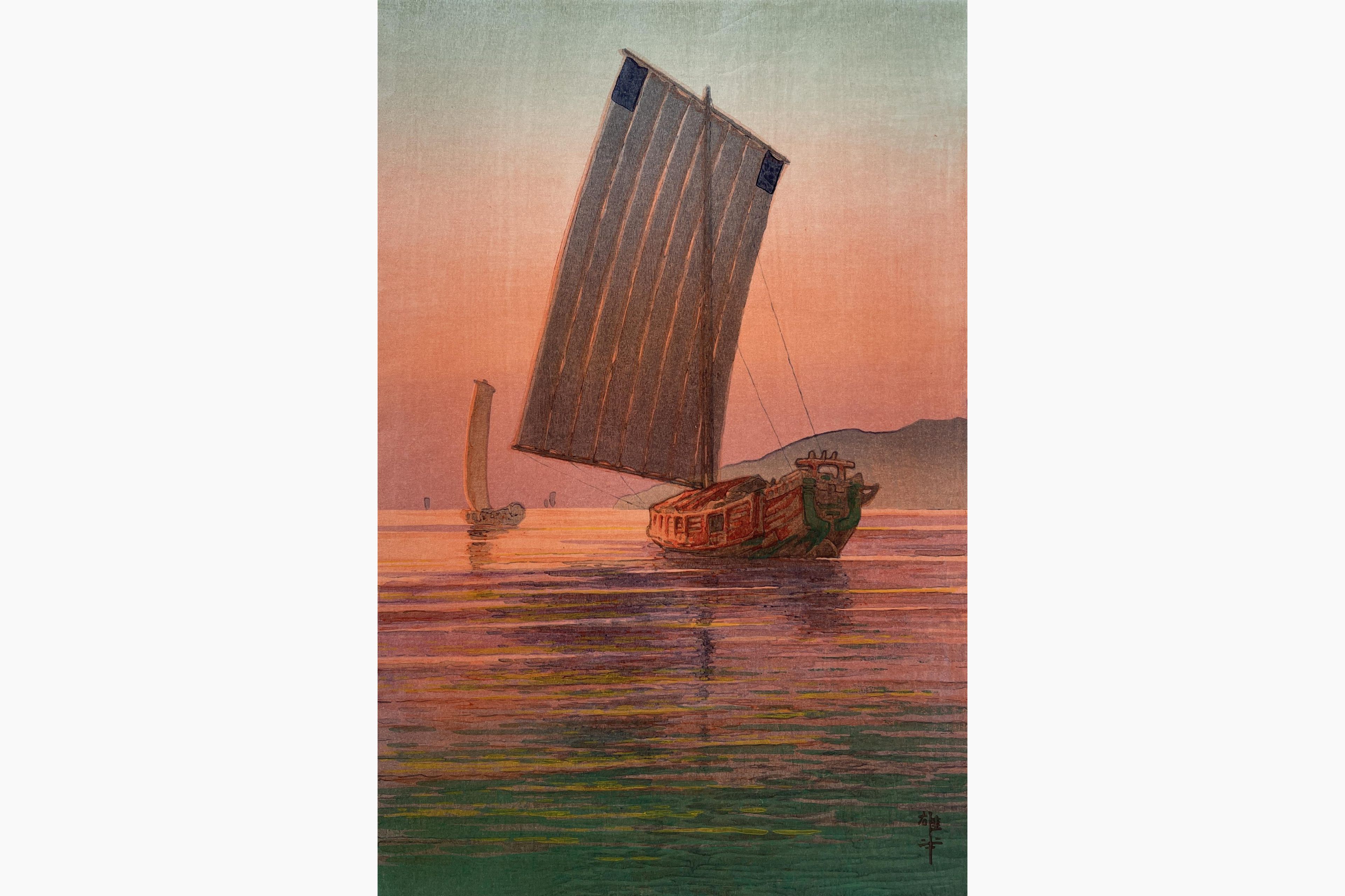 Original woodblock print - Ito Yuhan - Boats in the Sunset Glow