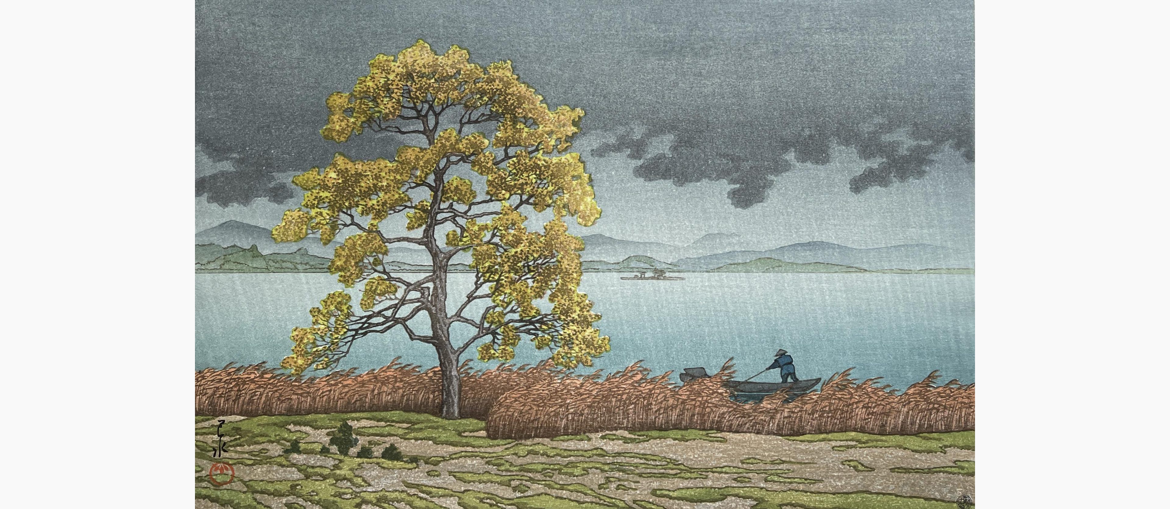Original woodblock print - Kawase Hasui - Lakeside Shower at Matsue