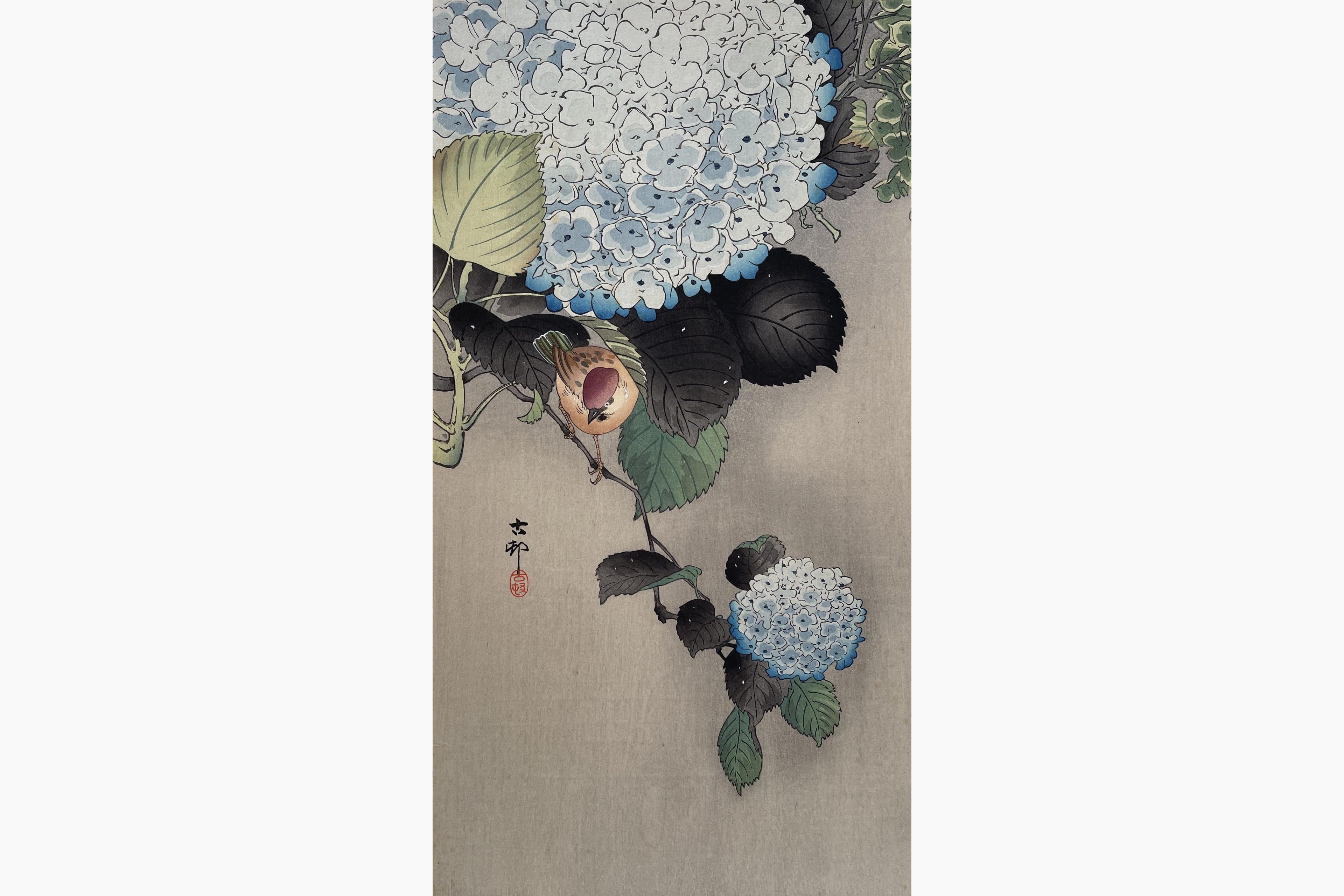 Original woodblock print - Ohara Koson - Sparrow on Hortensia