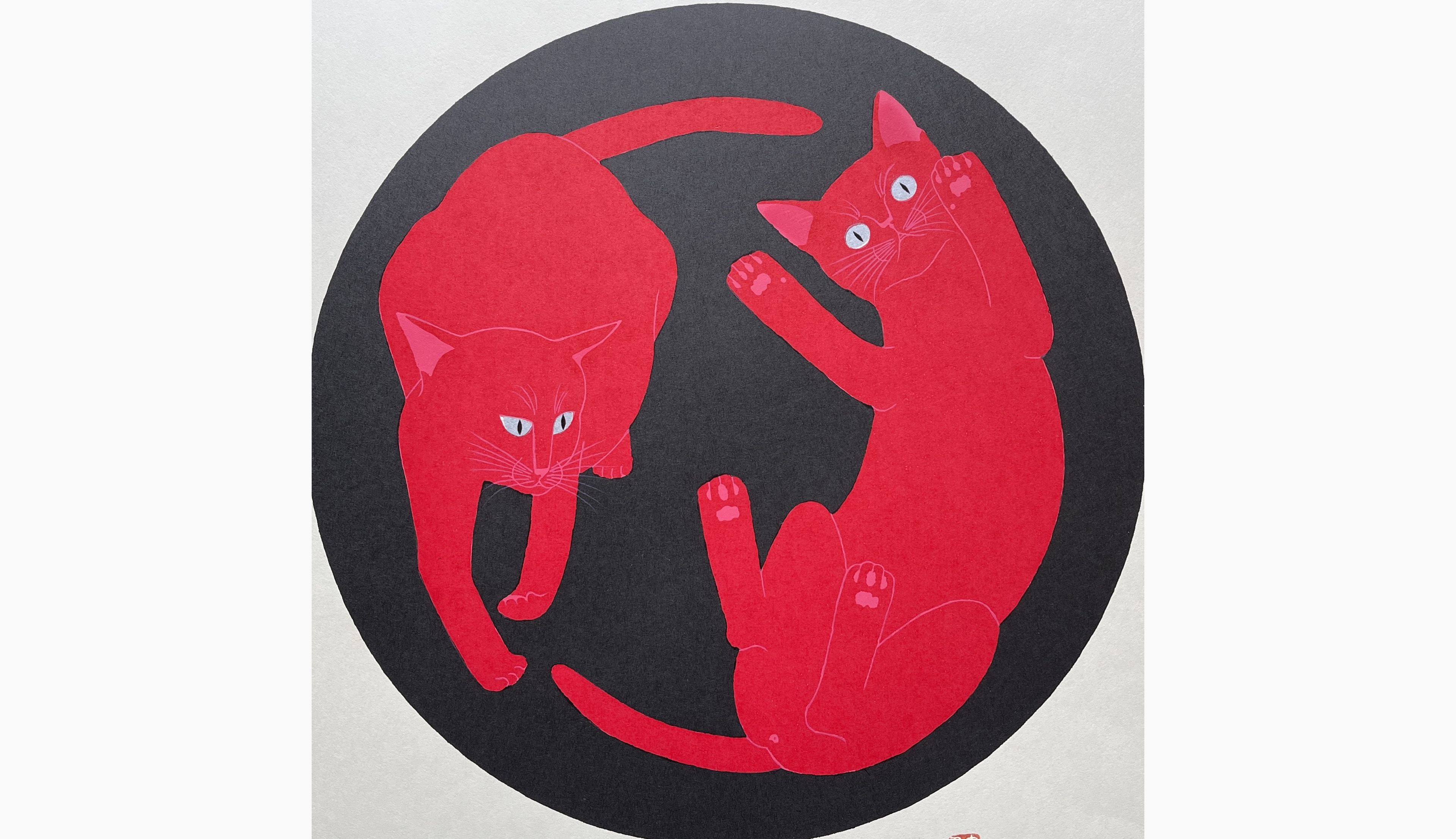 Original woodblock print - Nishida Tadashige - Cat Action 4 - Red Cats