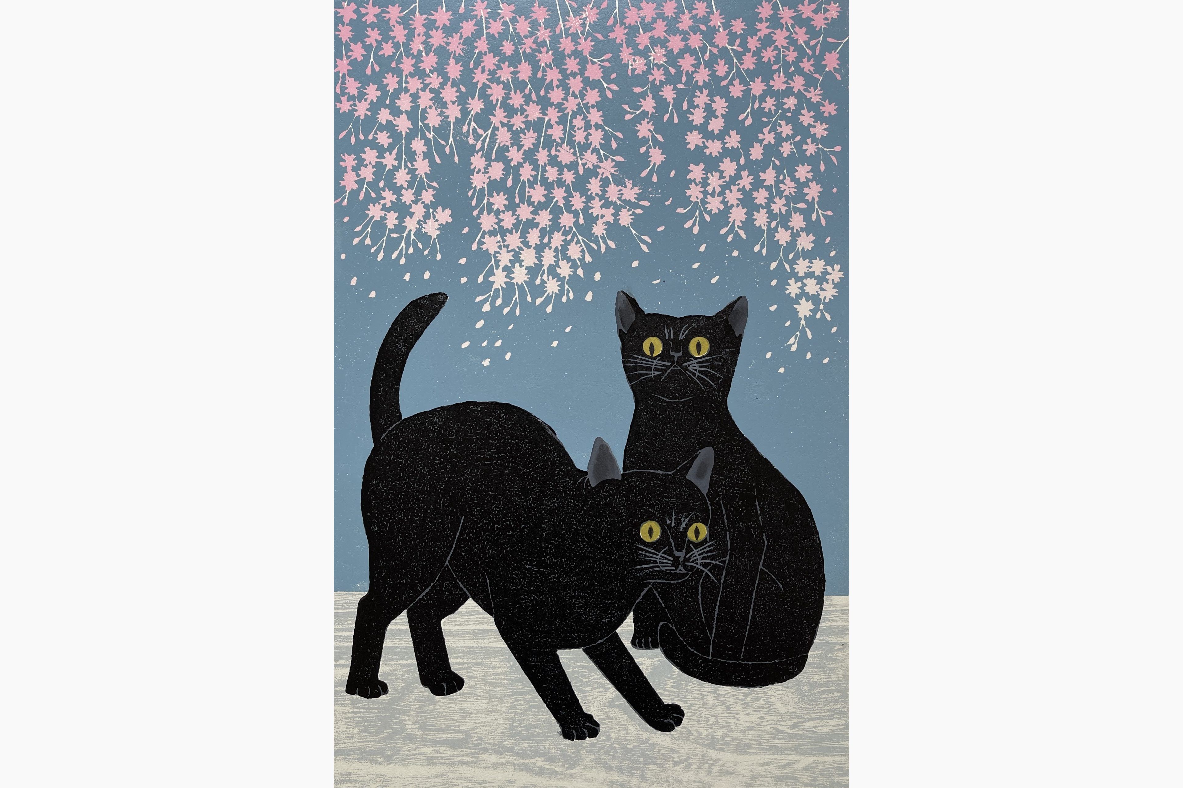 Original woodblock print - Nishida Tadashige - Cat and Sakura