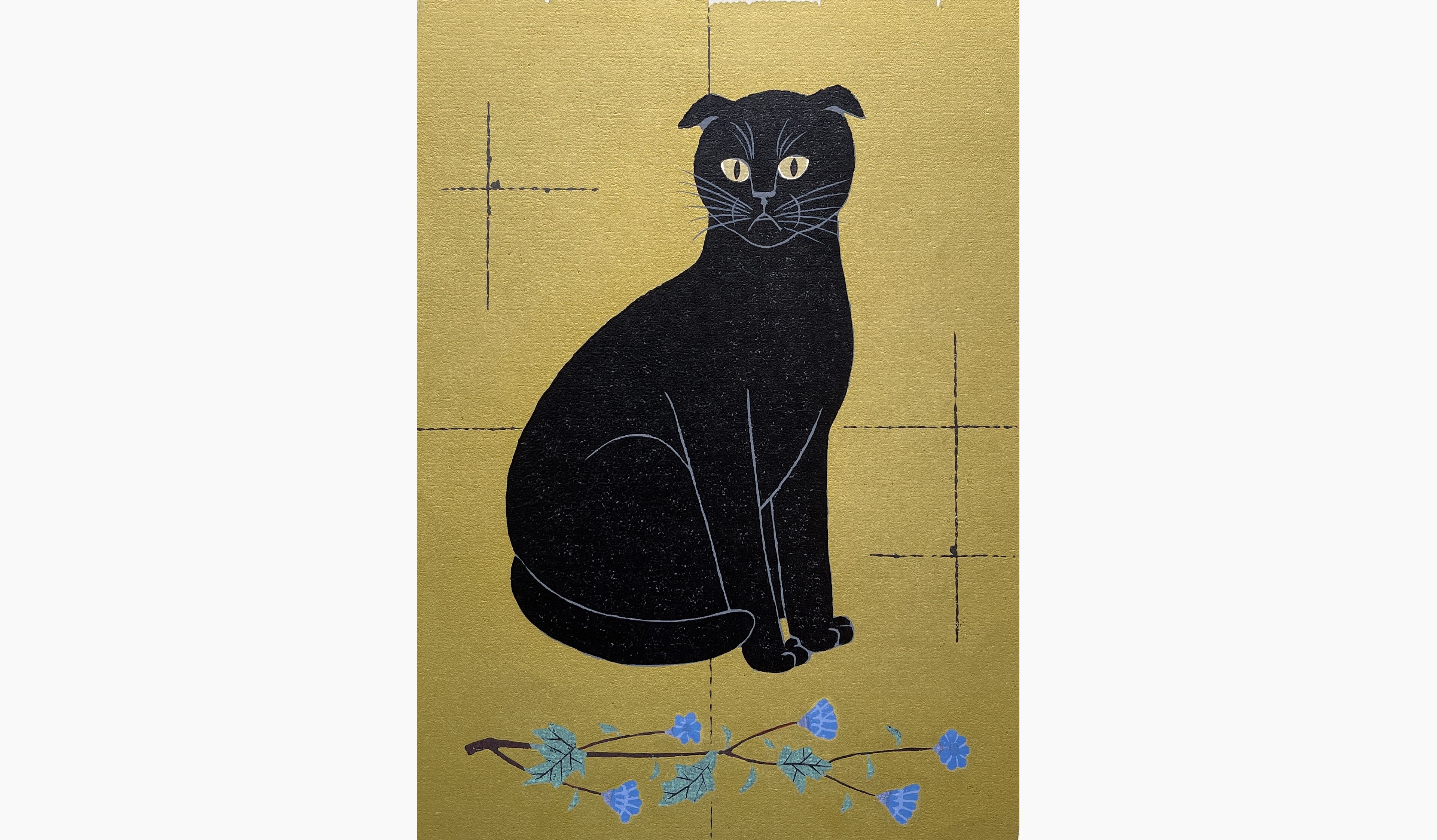 Original woodblock print - Nishida Tadashige - Cat Poses 11 - Black Cat