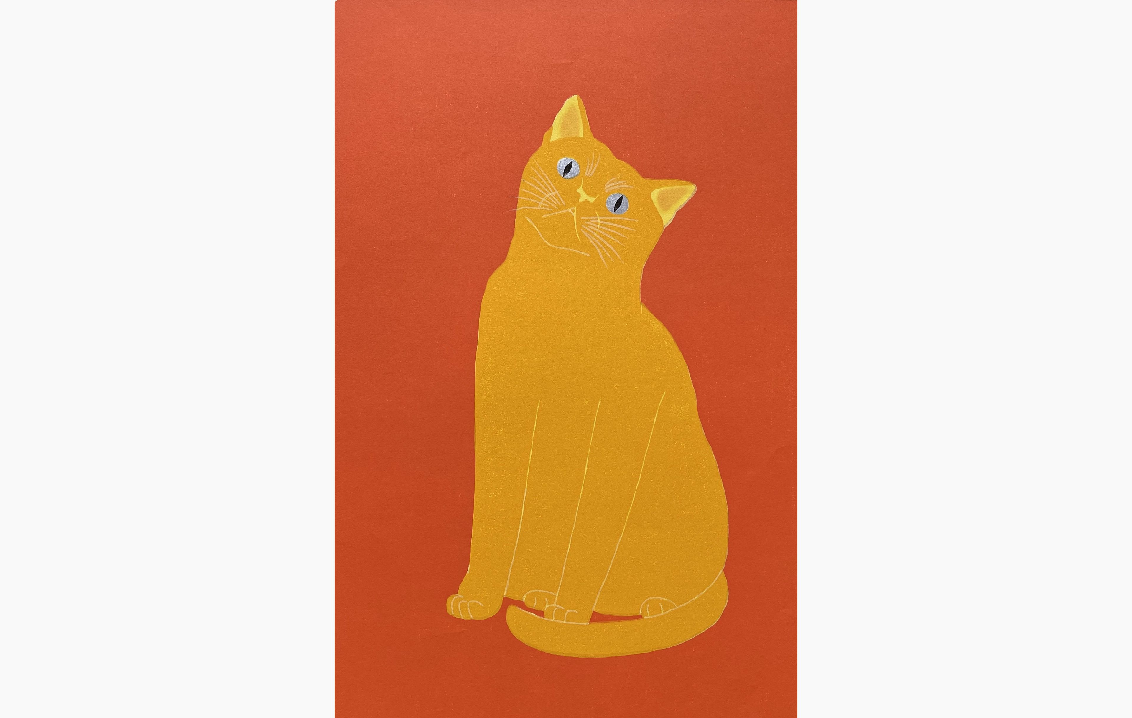 Original woodblock print - Nishida Tadashige - Cat Poses 13 - Golden Cat