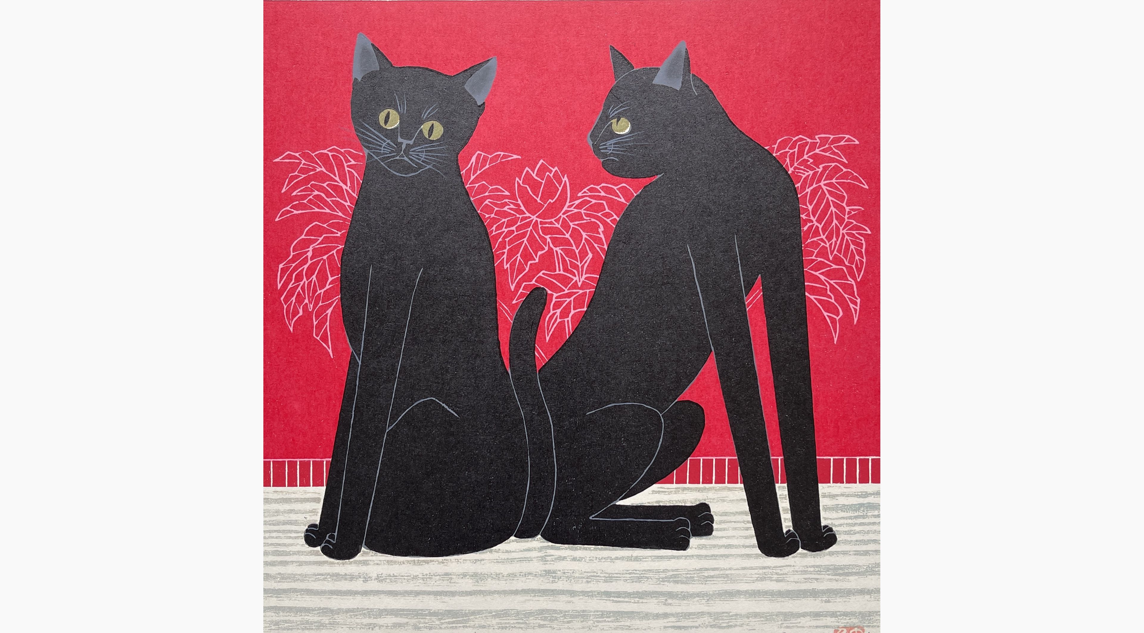 Original woodblock print - Nishida Tadashige - Invitation - Black Cat on Red