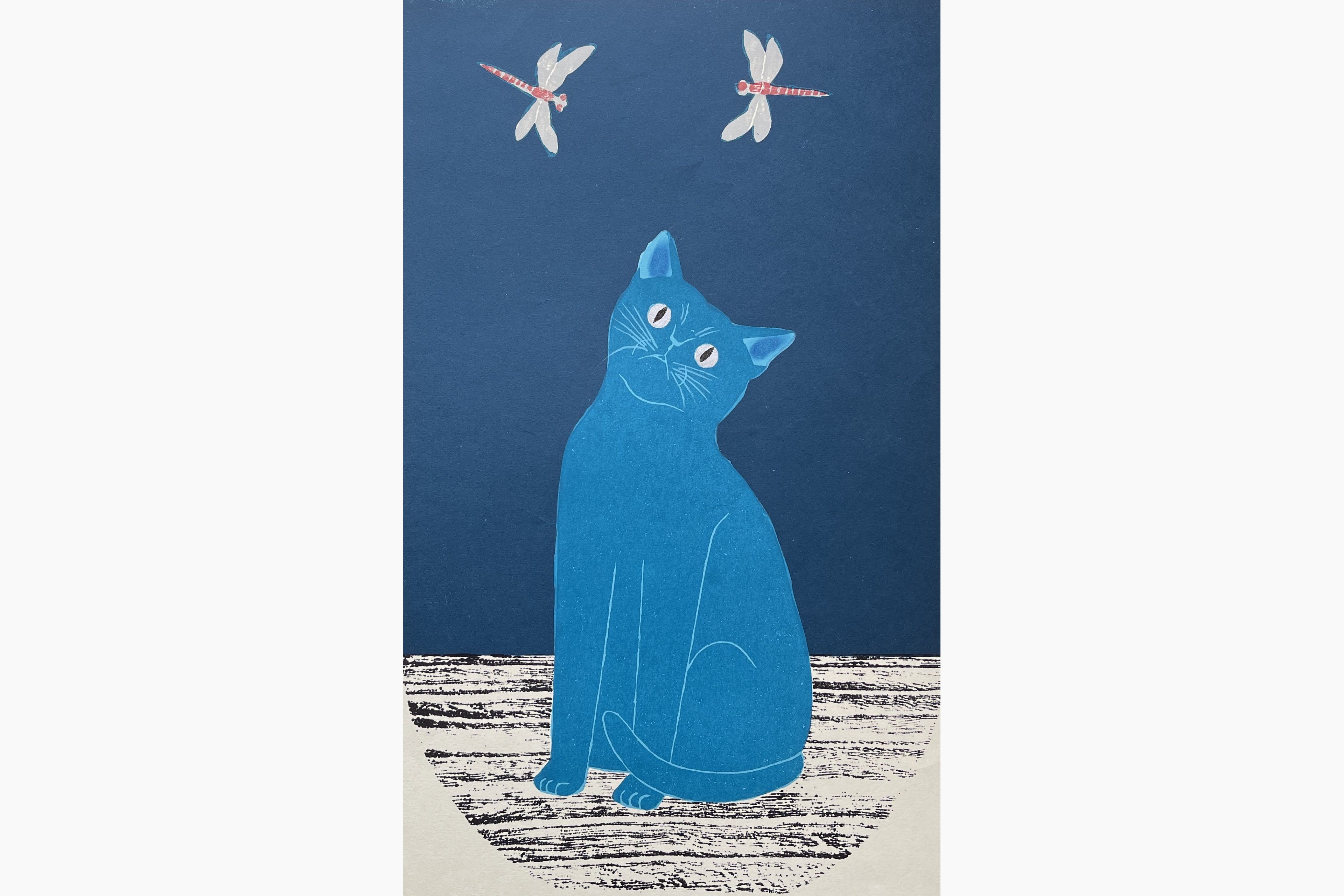 Original woodblock print - Nishida Tadashige - Red Dragonfly - Blue Cat