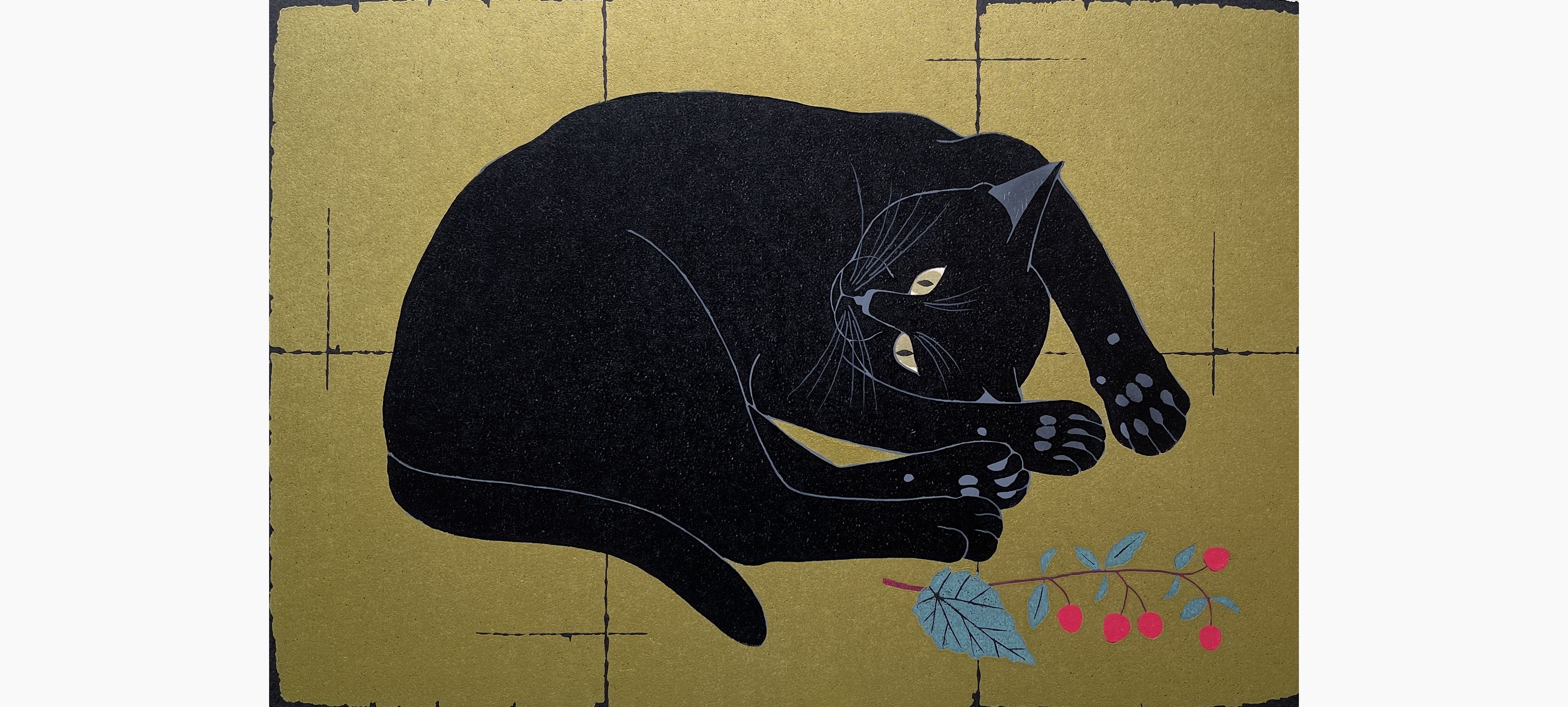 Original woodblock print - Nishida Tadashige - Waking Up 5 - Black Cat