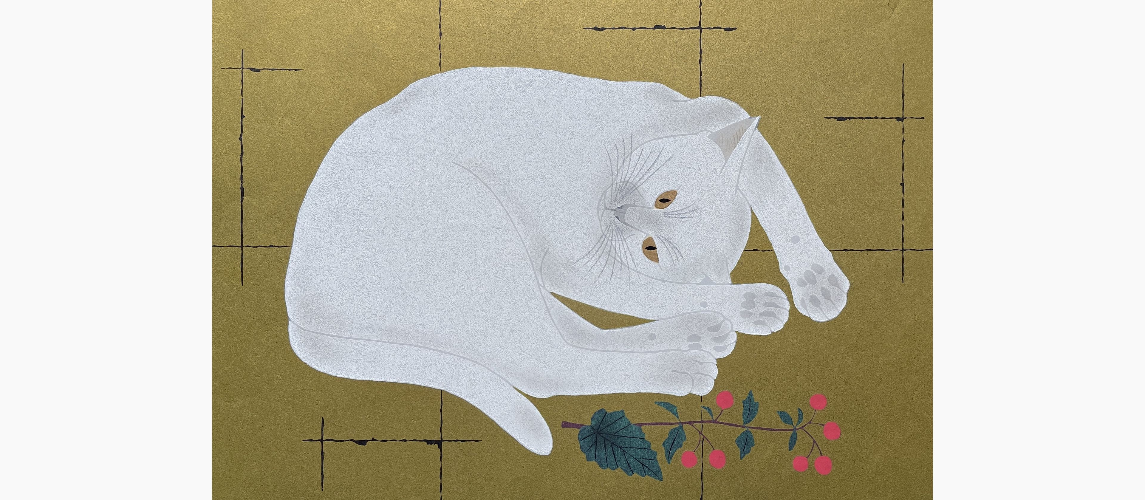Original woodblock print - Nishida Tadashige - Waking Up 5 - White Cat