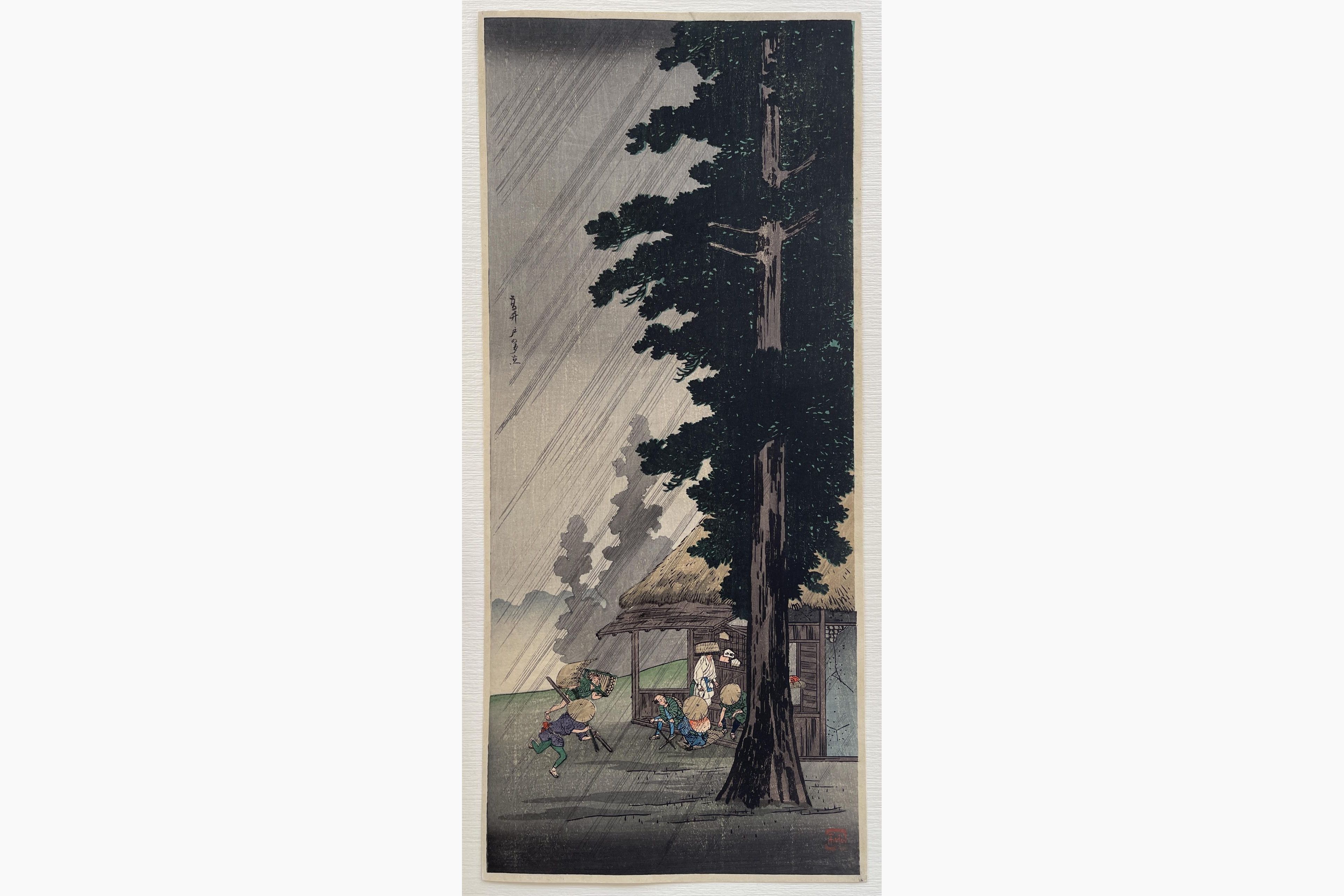 Japanese woodblock print - Takahashi Shotei - Shower at Takaido - Passengers at a loss