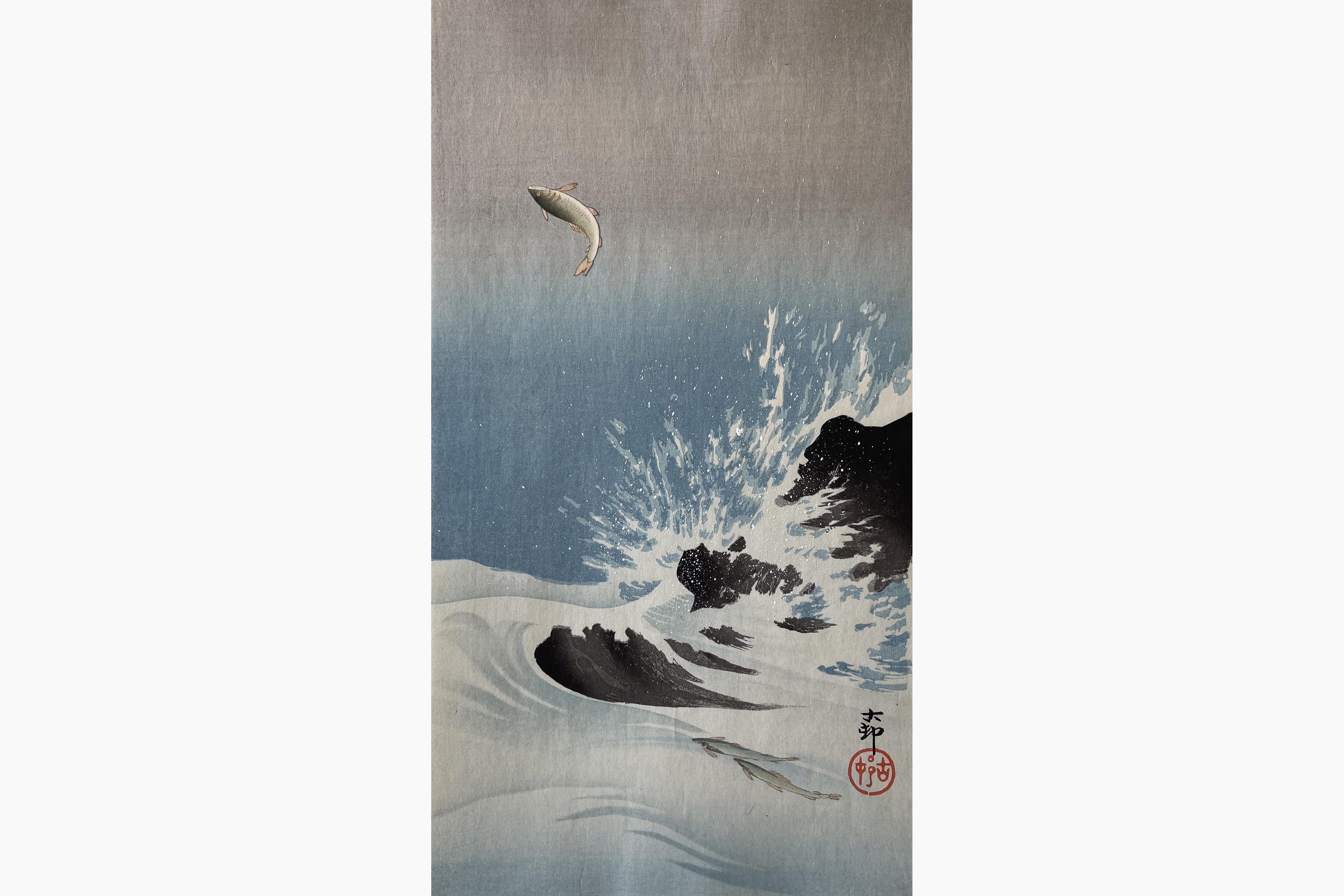Original woodblock print - Ohara Koson - Three Salmon, one jumping high above water splashing around rocks