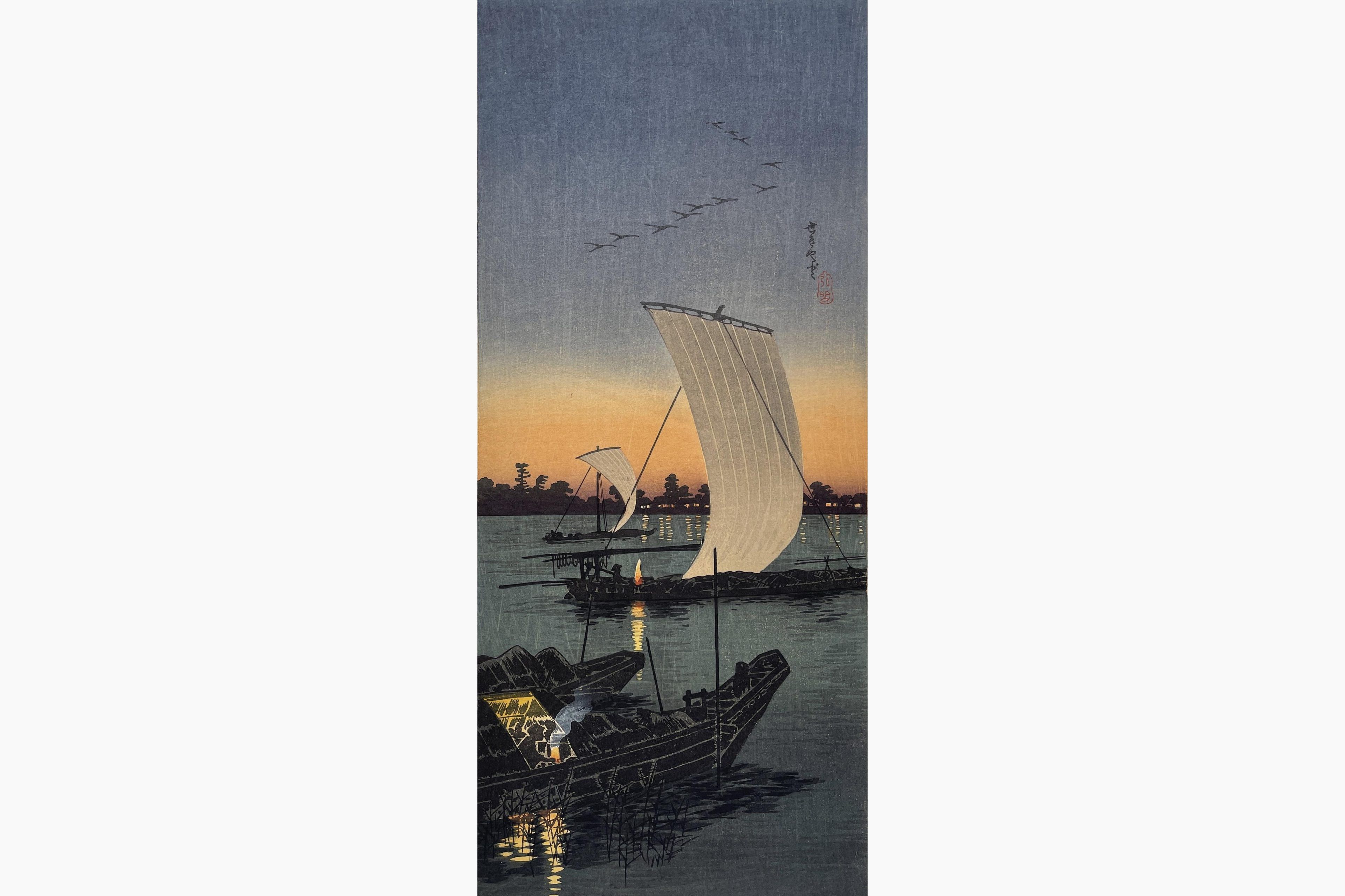 Original woodblock print - Takahashi Shotei - Sailboats in Sunset at Sekiyado