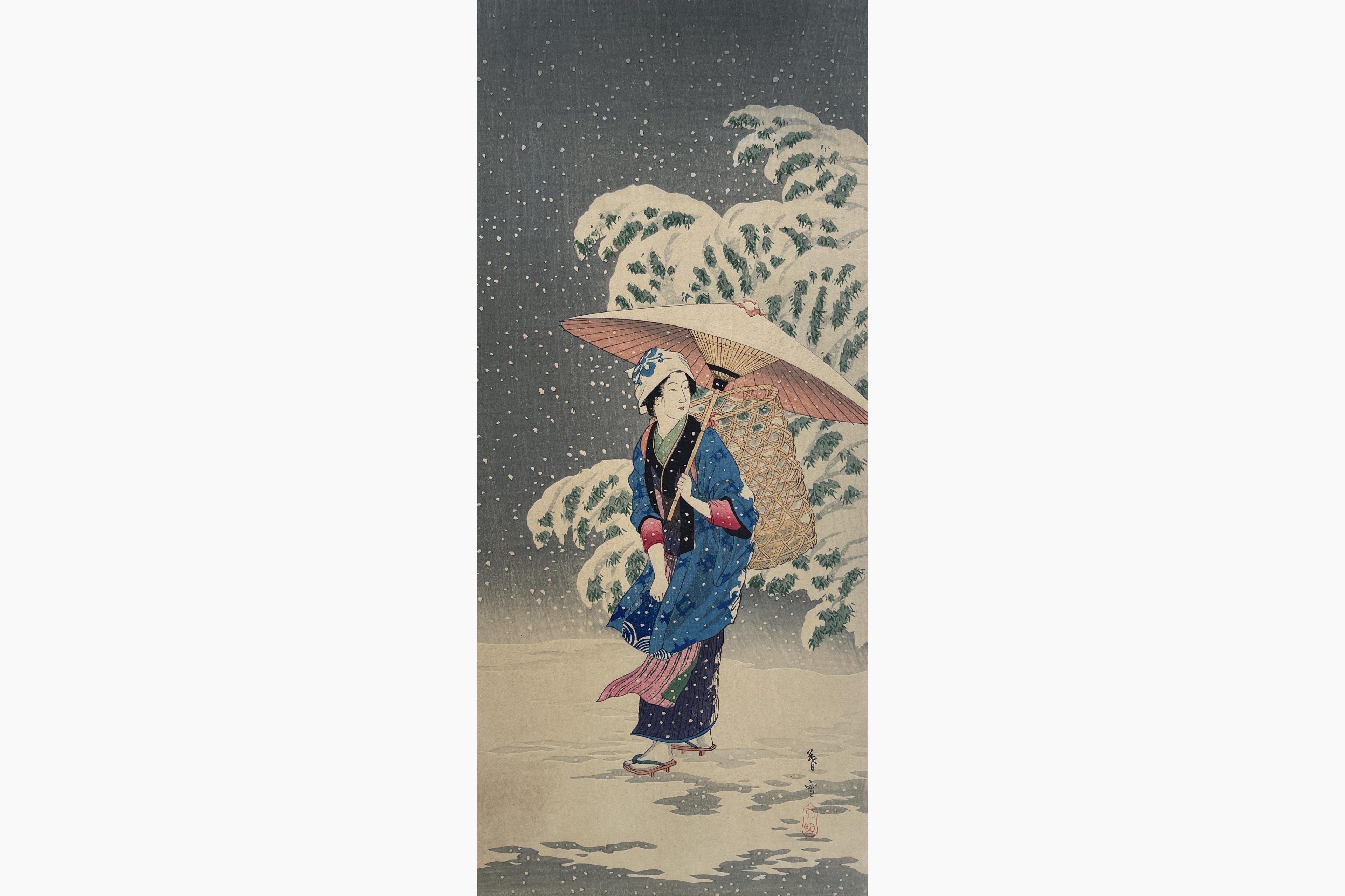 Original woodblock print - Takahashi Shotei - Spring Snow