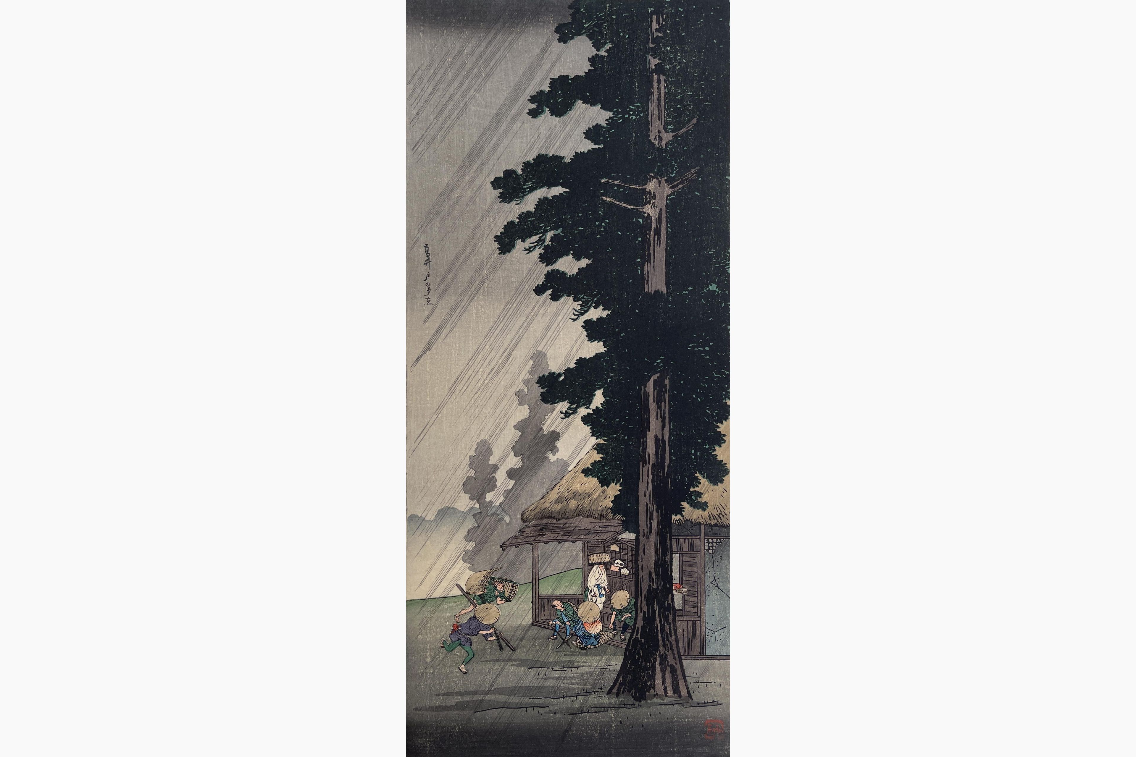 Original woodblock print - Takahashi Shotei - Shower at Takaido - Passengers at a loss