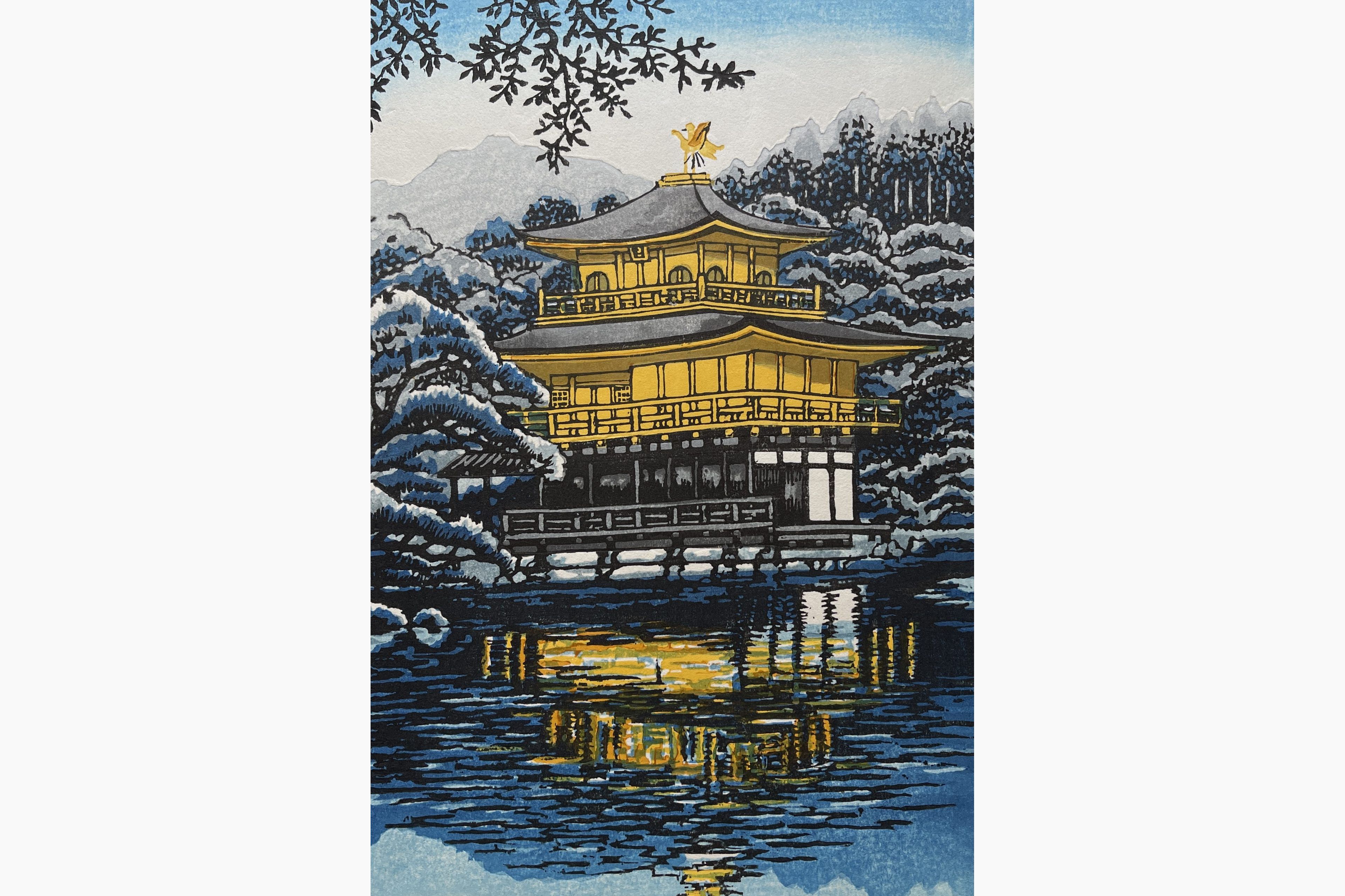 Original woodblock print - Fu Takenaka - Kinkaku-ji temple, late winter