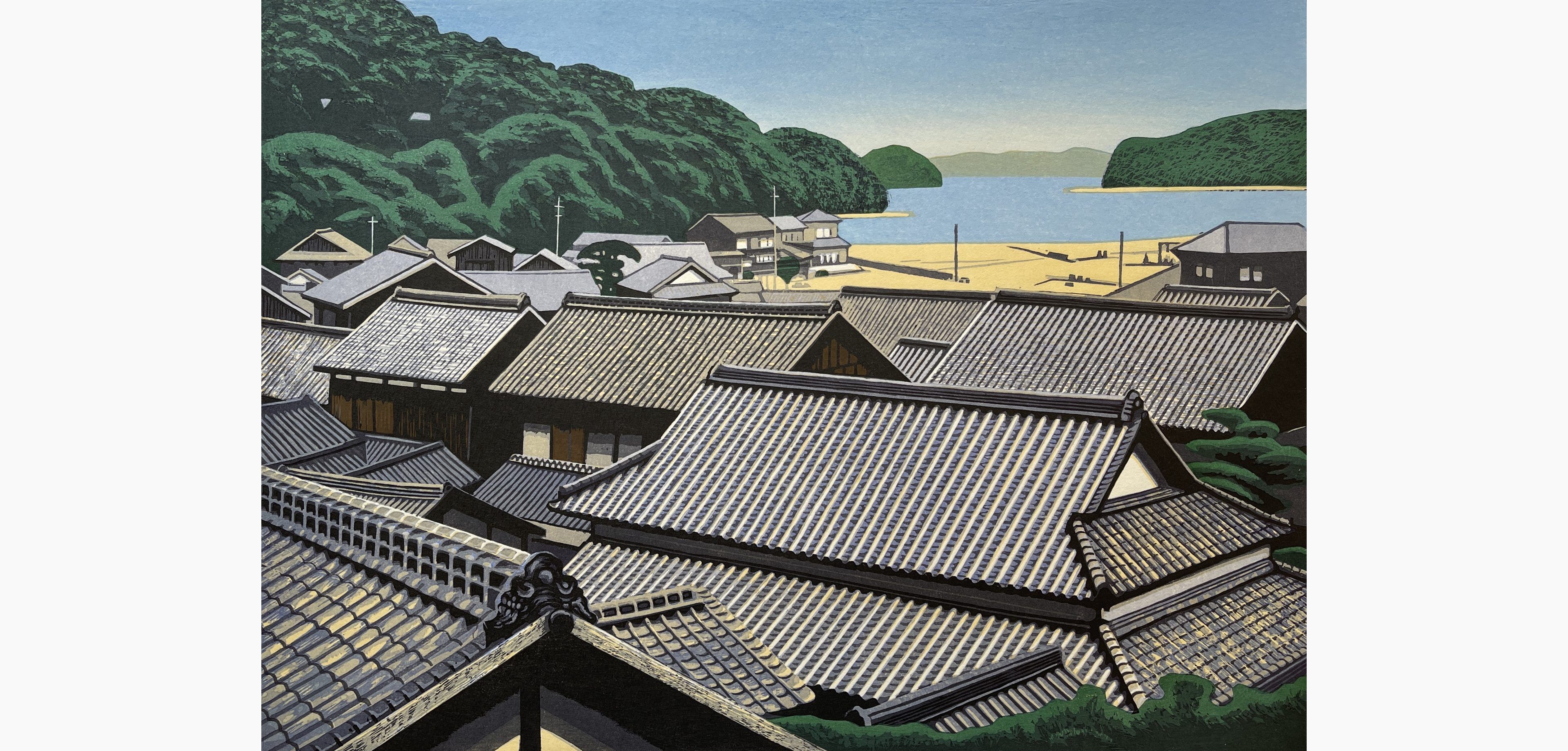 Original woodblock print - Koichi Maeda - Houses on an Island in the Seto Inland Sea