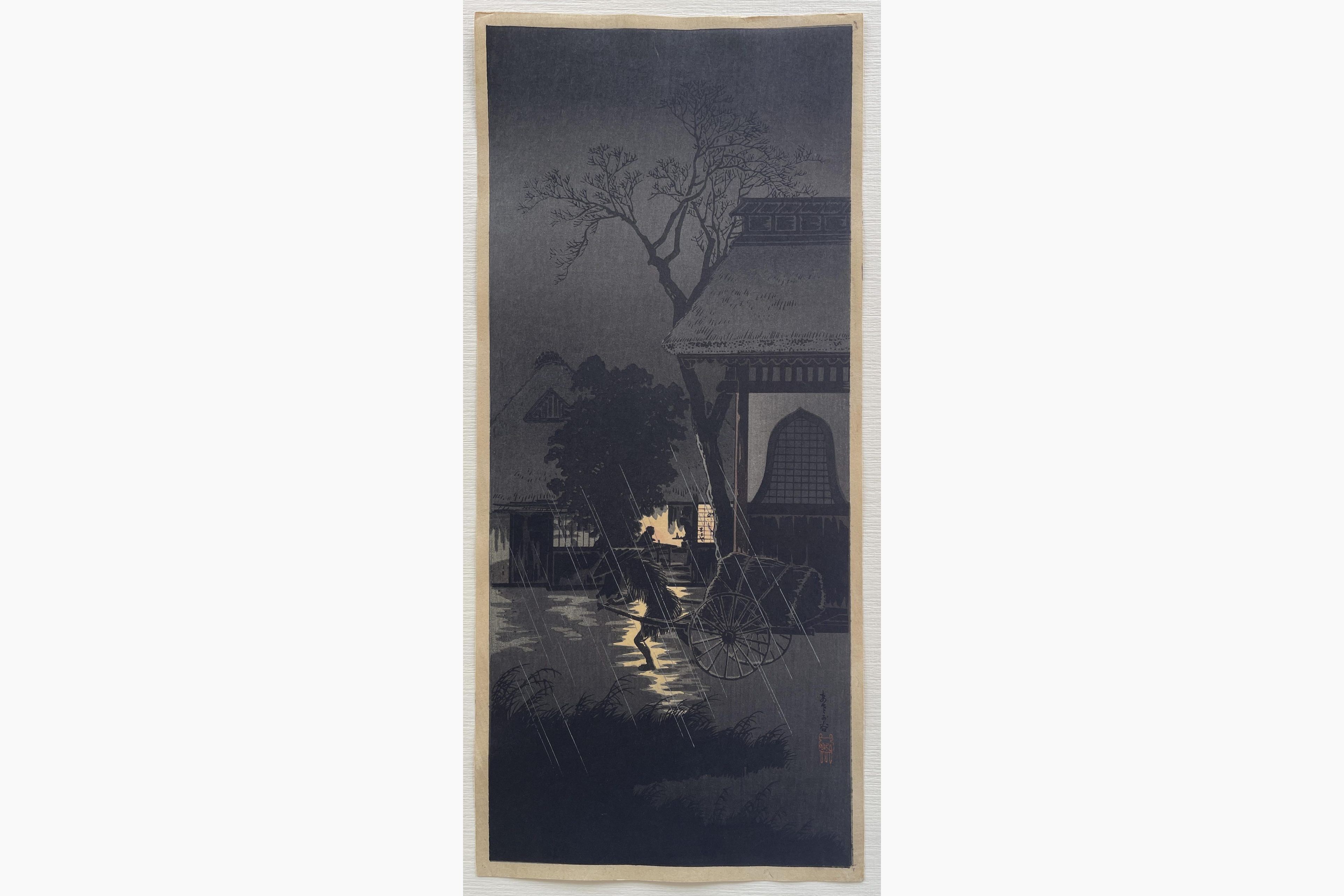 Japanese woodblock print - Takahashi Shotei - Night Rain at Asagaya
