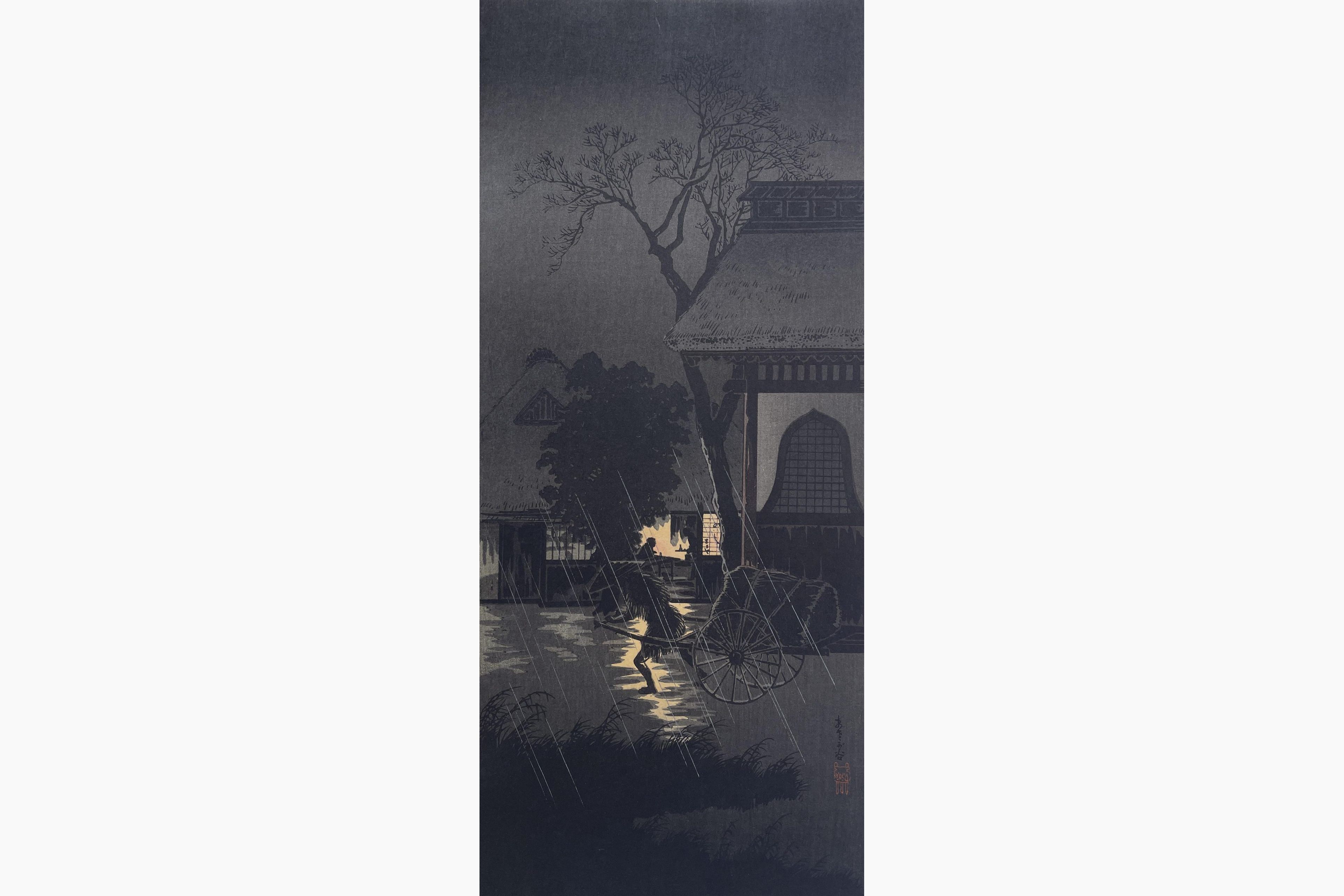 Original woodblock print - Takahashi Shotei - Night Rain at Asagaya