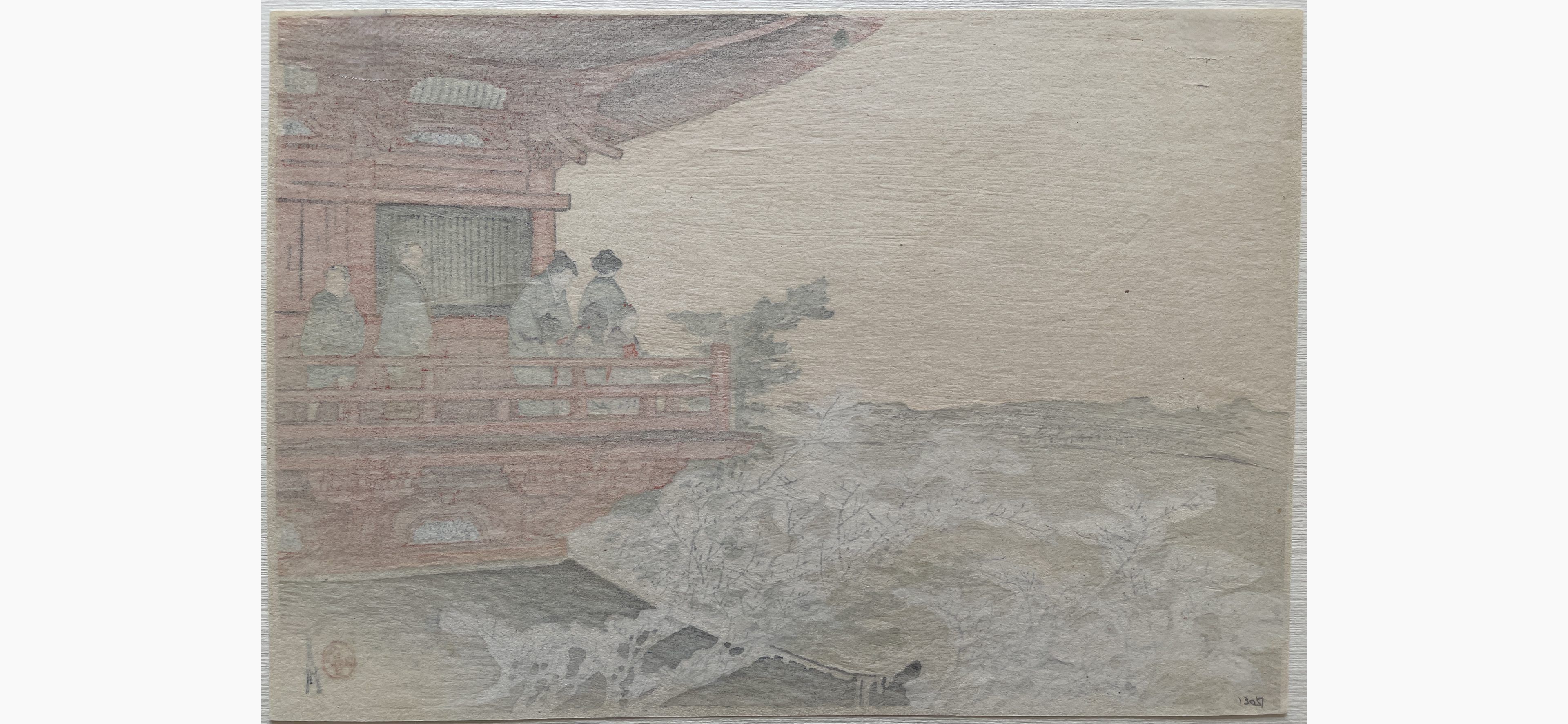Japanese print - Gekko Ogata - Viewing Mount Fuji from the Pagoda