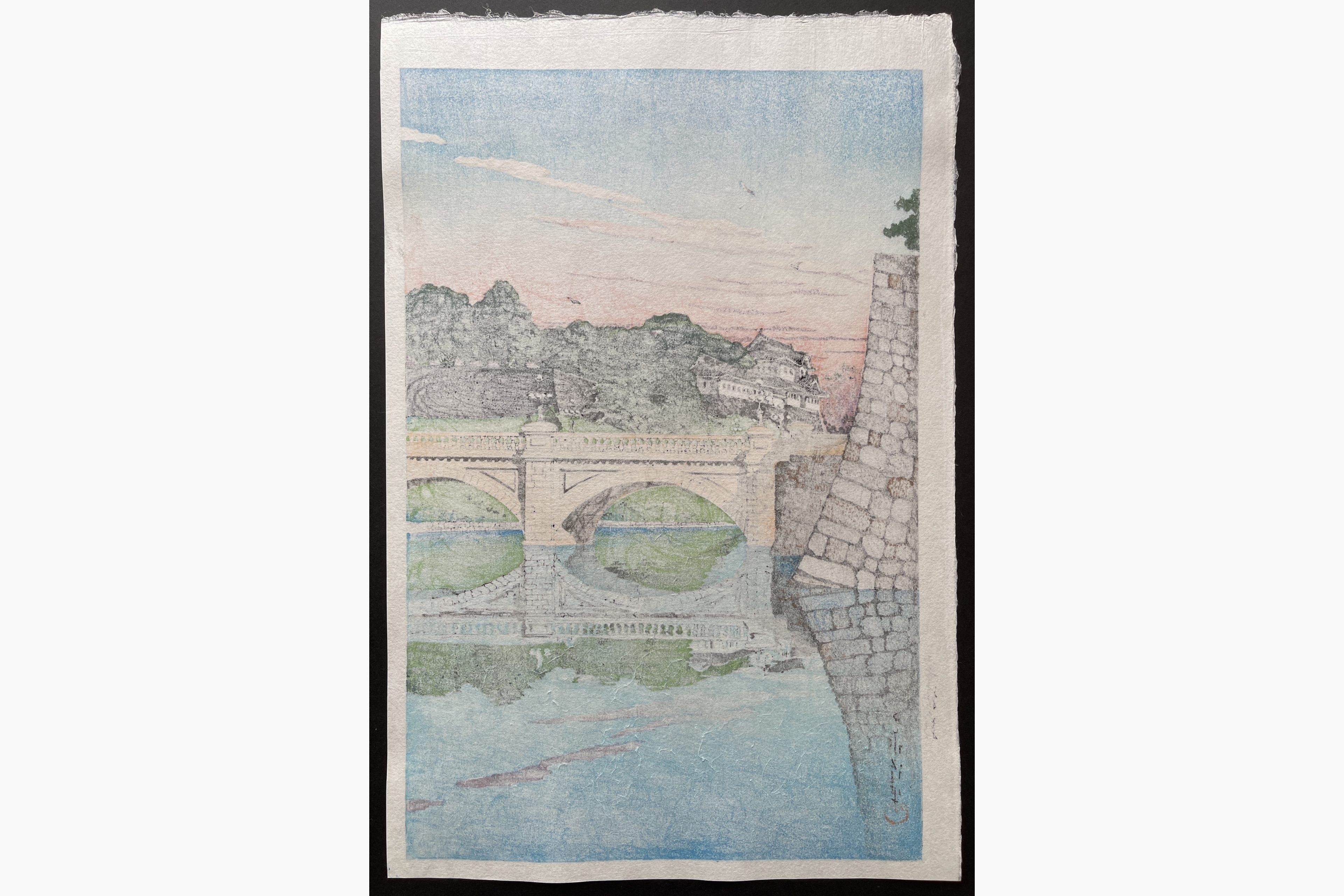 Japanese print - Kawase Hasui - Morning at Niju Bridge