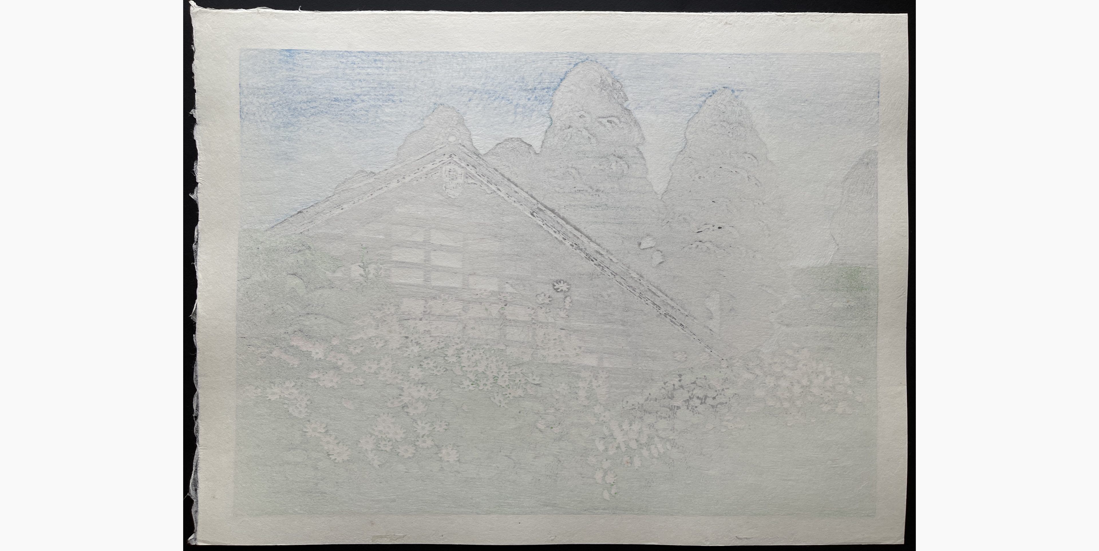 Japanese print - Koichi Maeda - House with Blooming Cosmos