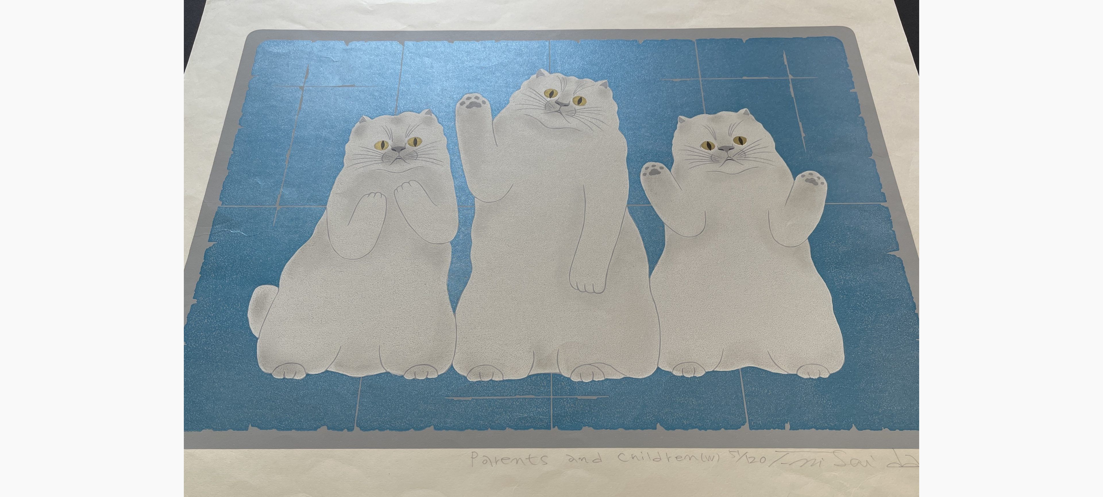 Japanese print - Nishida Tadashige - Parents and Children - White Cats