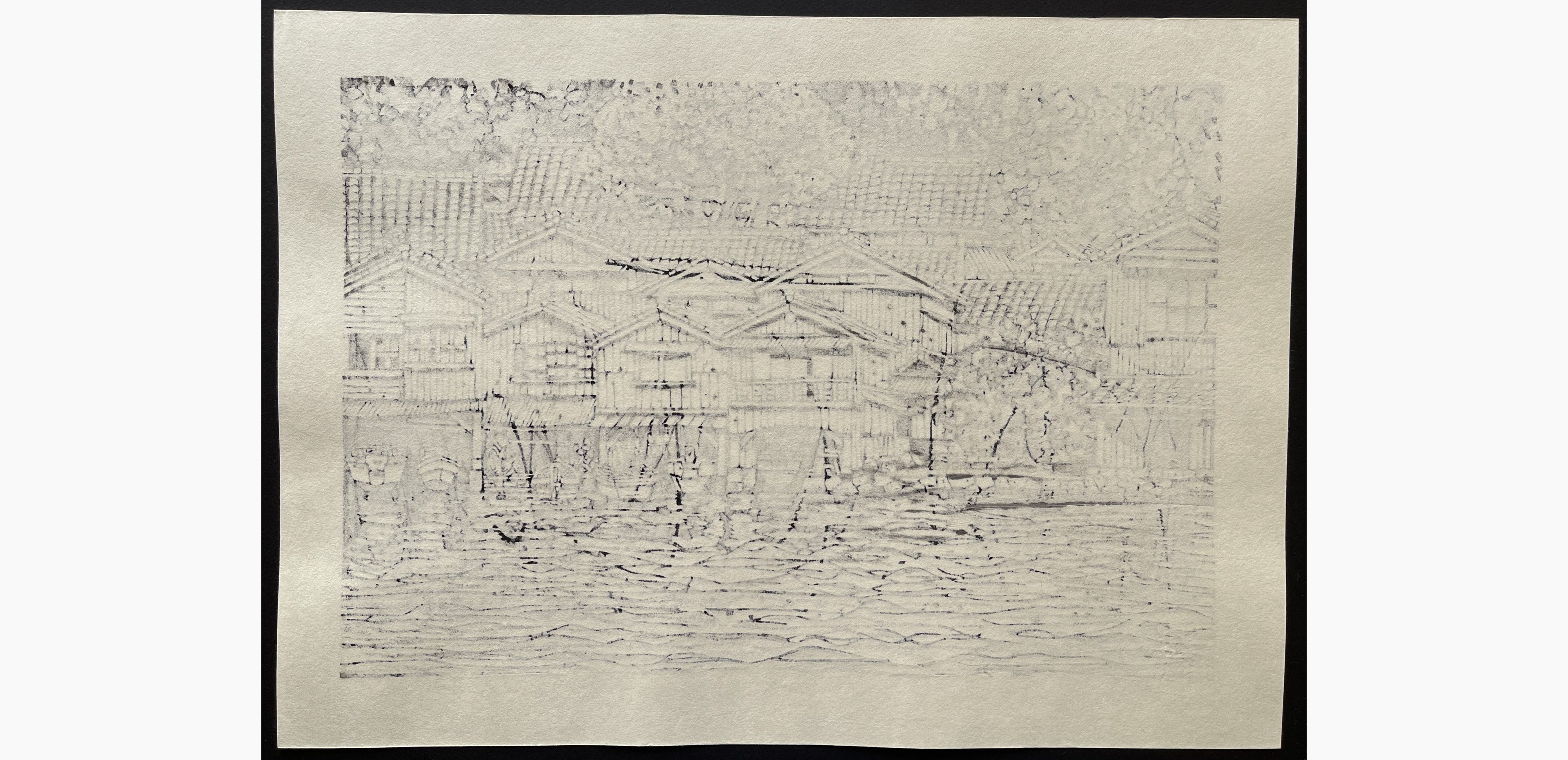Japanese print - Nishijima Katsuyuki - Boat Houses in Ine