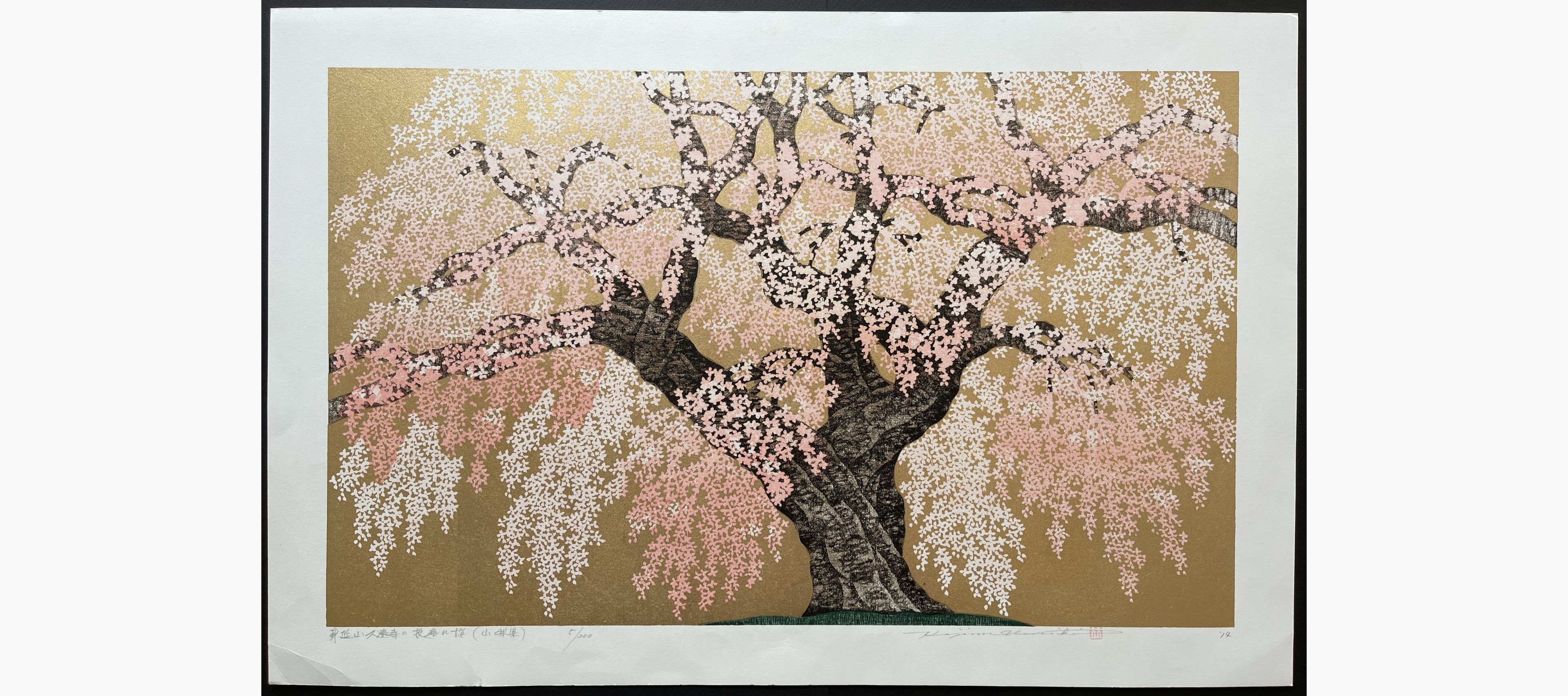 Japanese woodblock print - Hajime Namiki - Weeping Cherry of Kuonji in Minobu Mountain