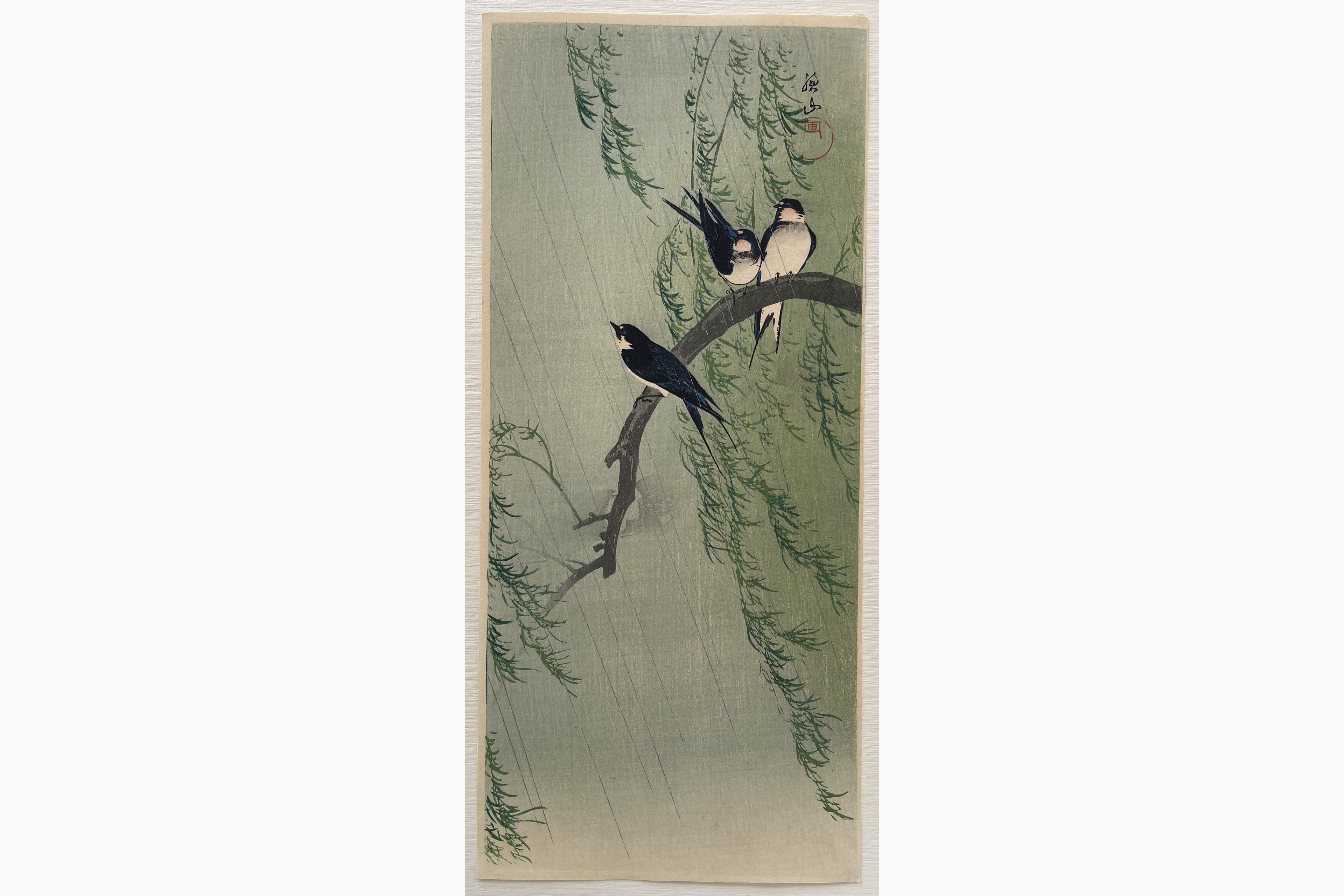 Japanese woodblock print - Ito Sozan - Barn Swallows and Willow