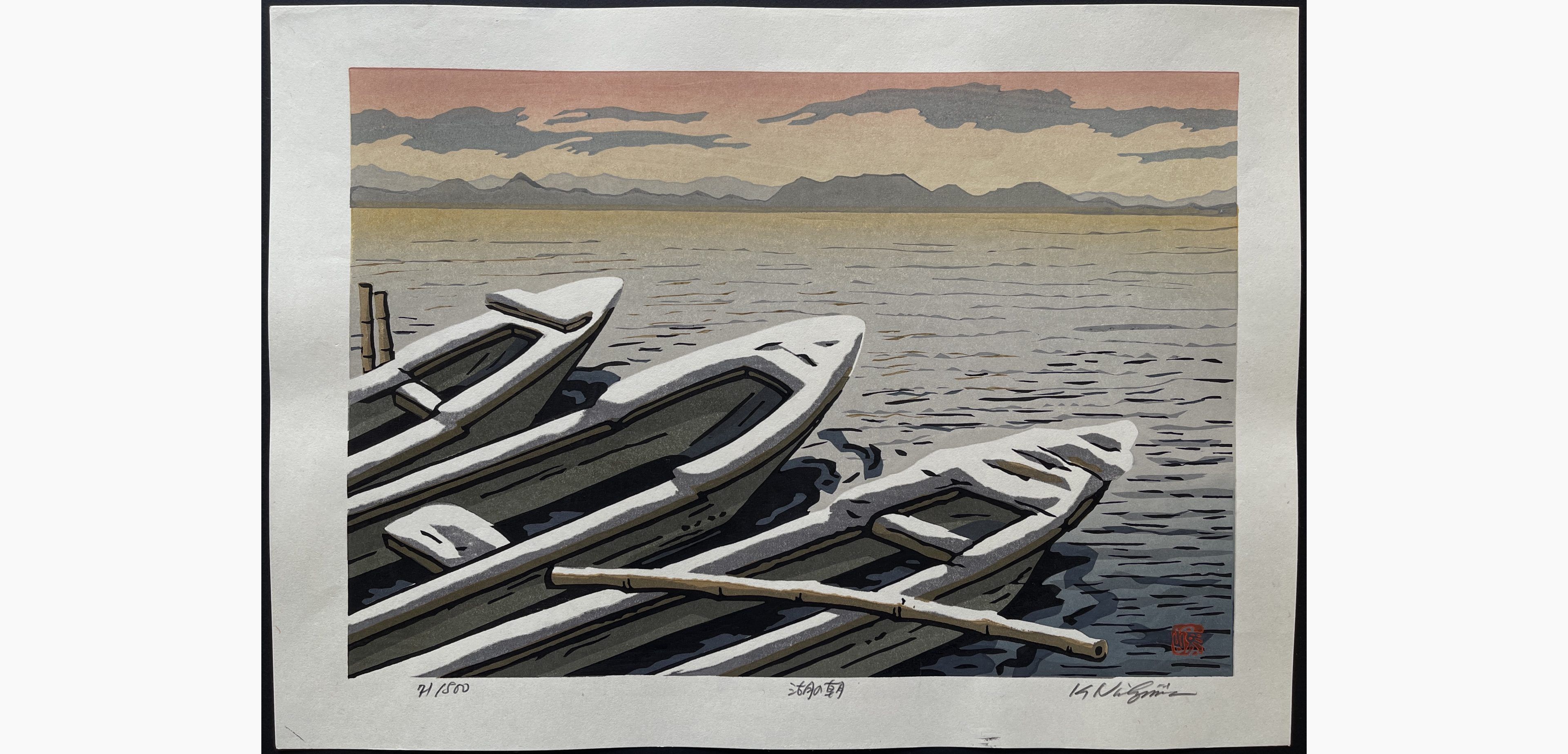 Japanese woodblock print - Nishijima Katsuyuki - Morning at the Lake
