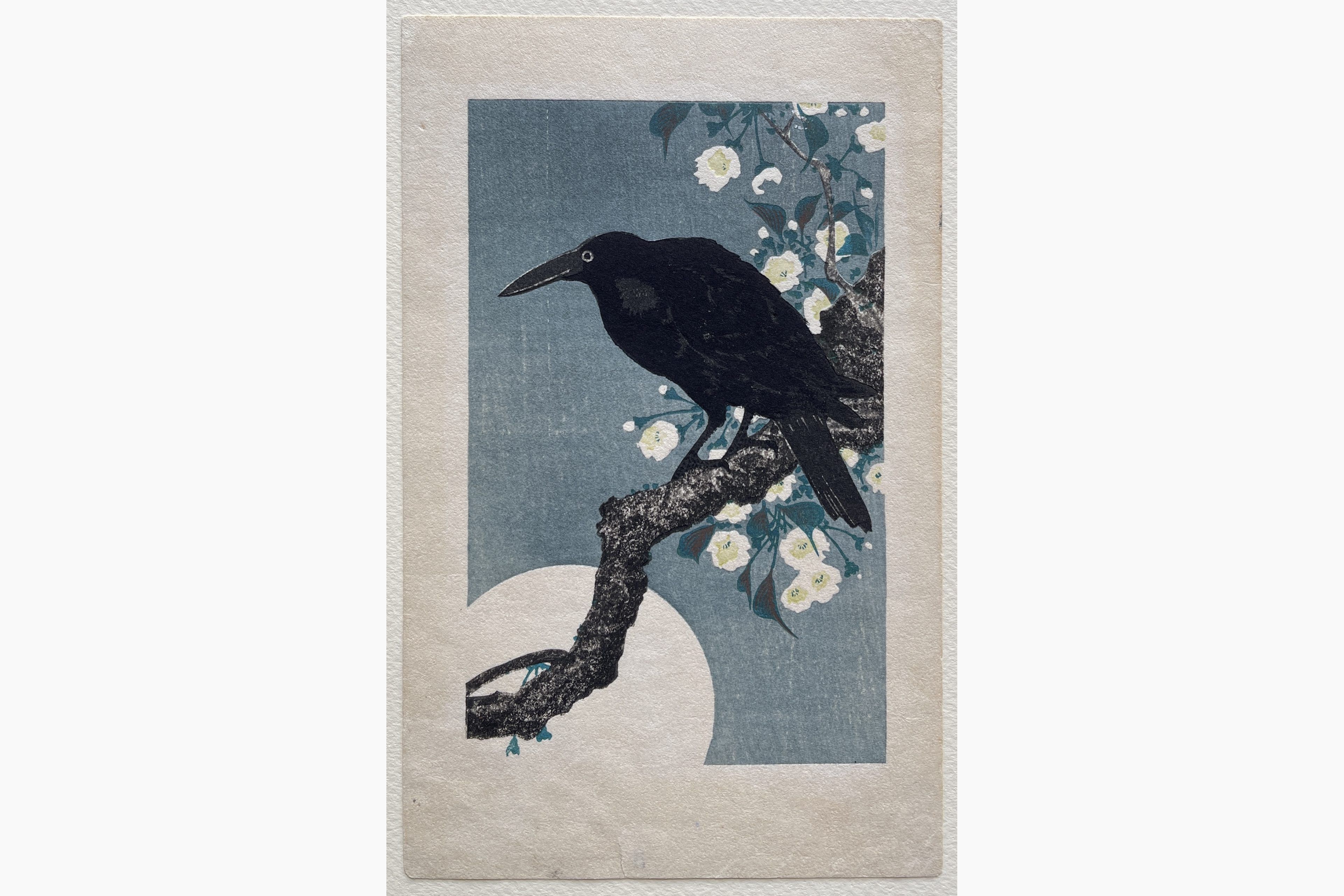 Japanese woodblock print - Ohara Koson - Crow on Cherry Branch with Moon