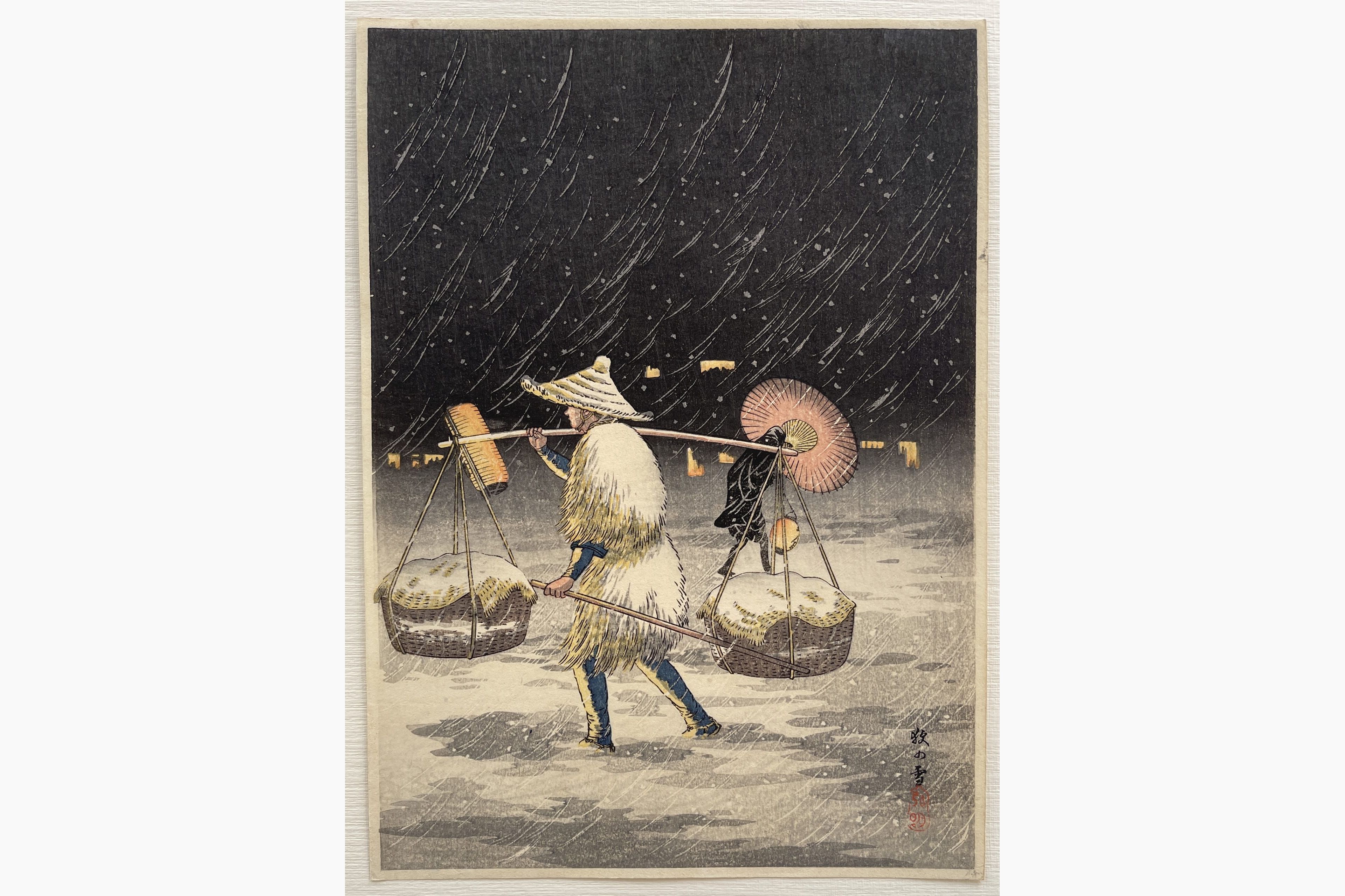 Japanese woodblock print - Takahashi Shotei - Peddler in the Snowy Night