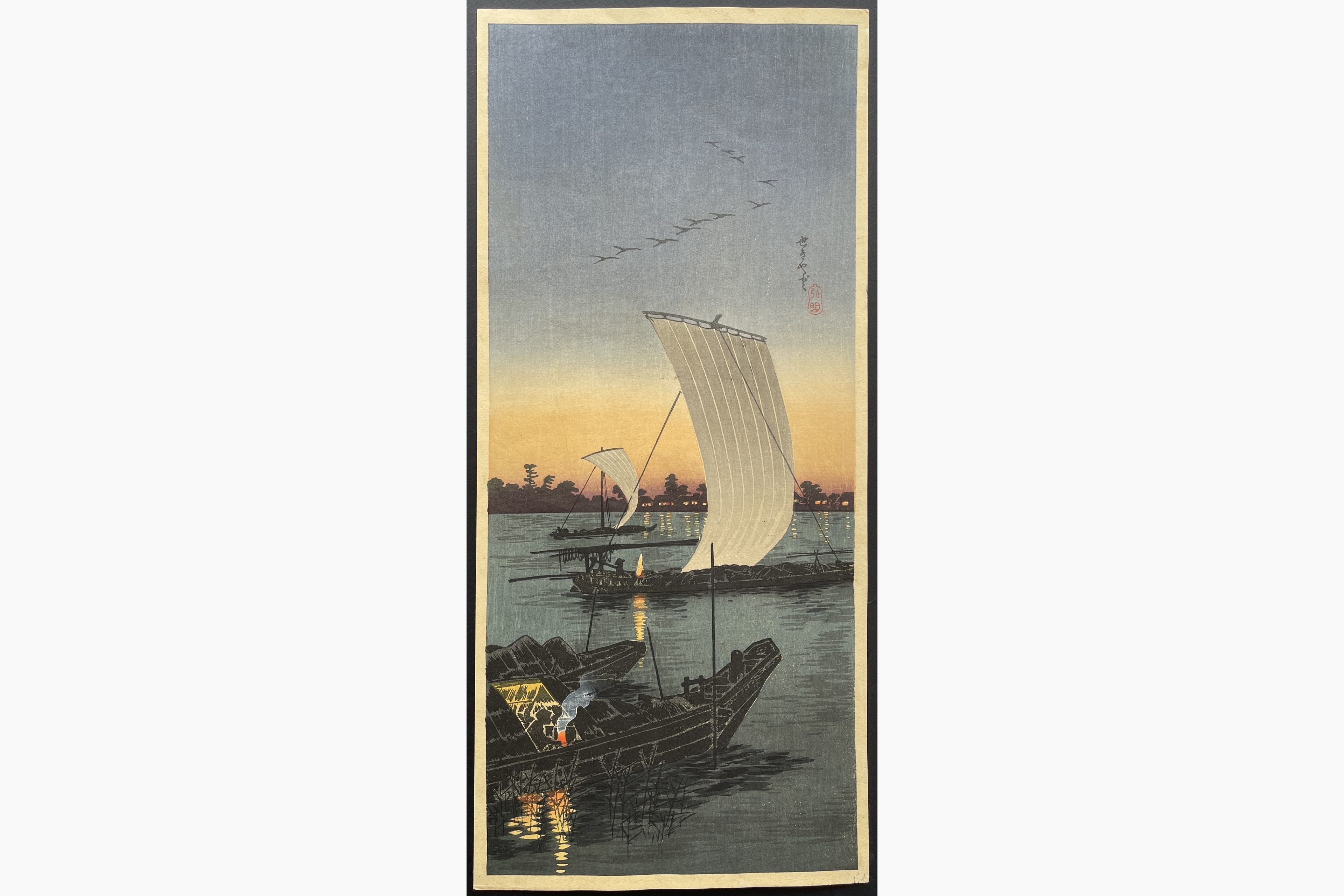 Japanese woodblock print - Takahashi Shotei - Sailboats in Sunset at Sekiyado