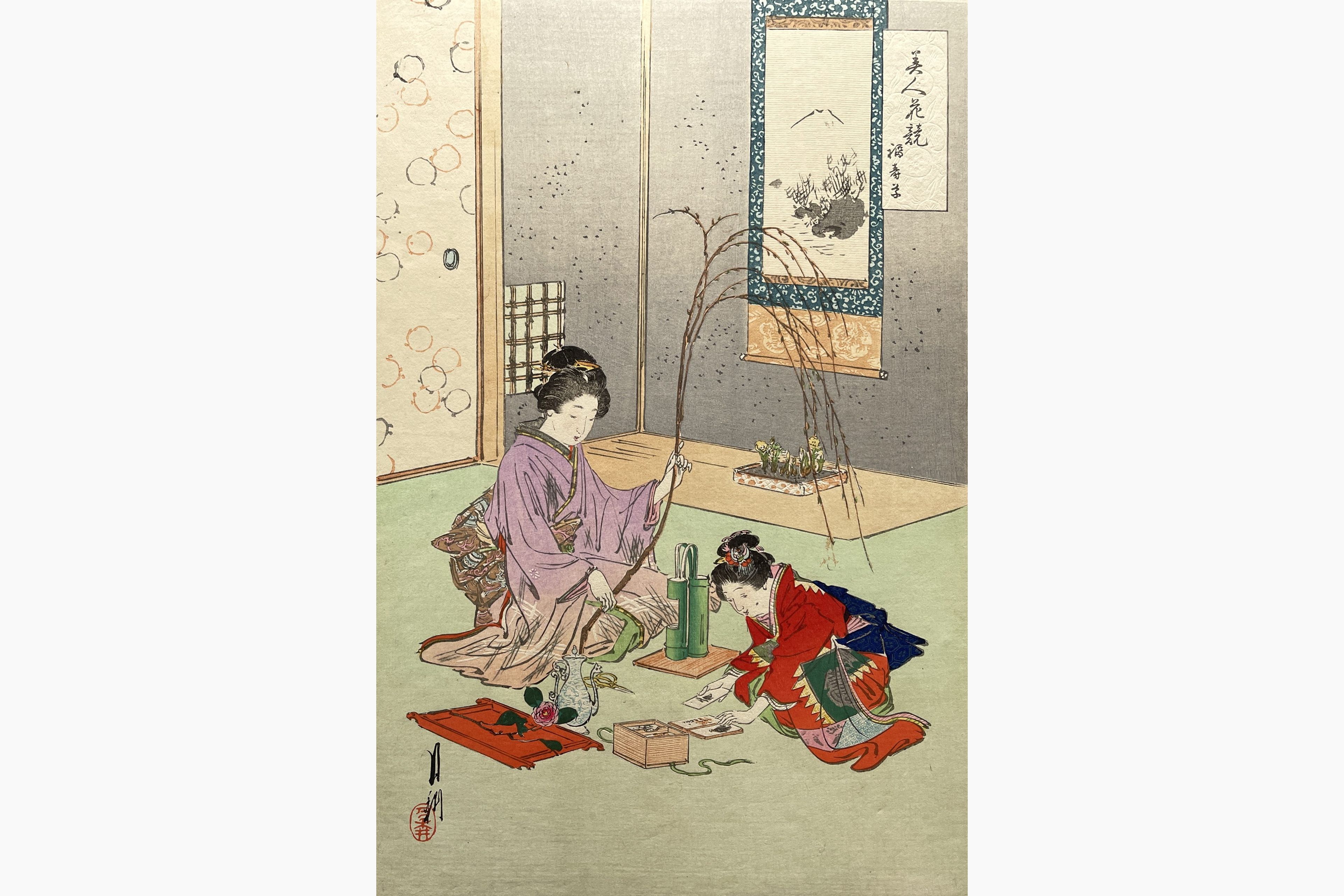 Original woodblock print - Gekko Ogata - Ikebana