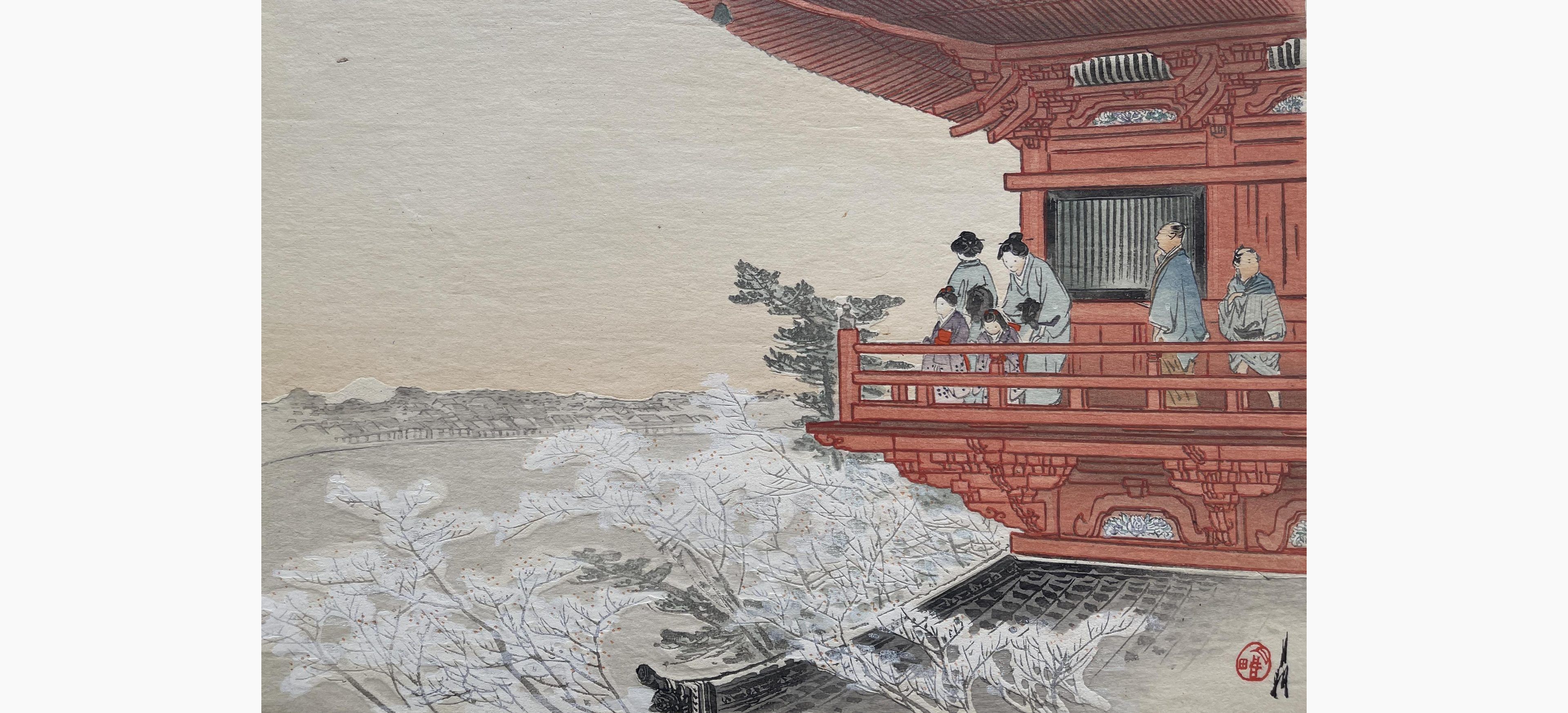 Original woodblock print - Gekko Ogata - Viewing Mount Fuji from the Pagoda