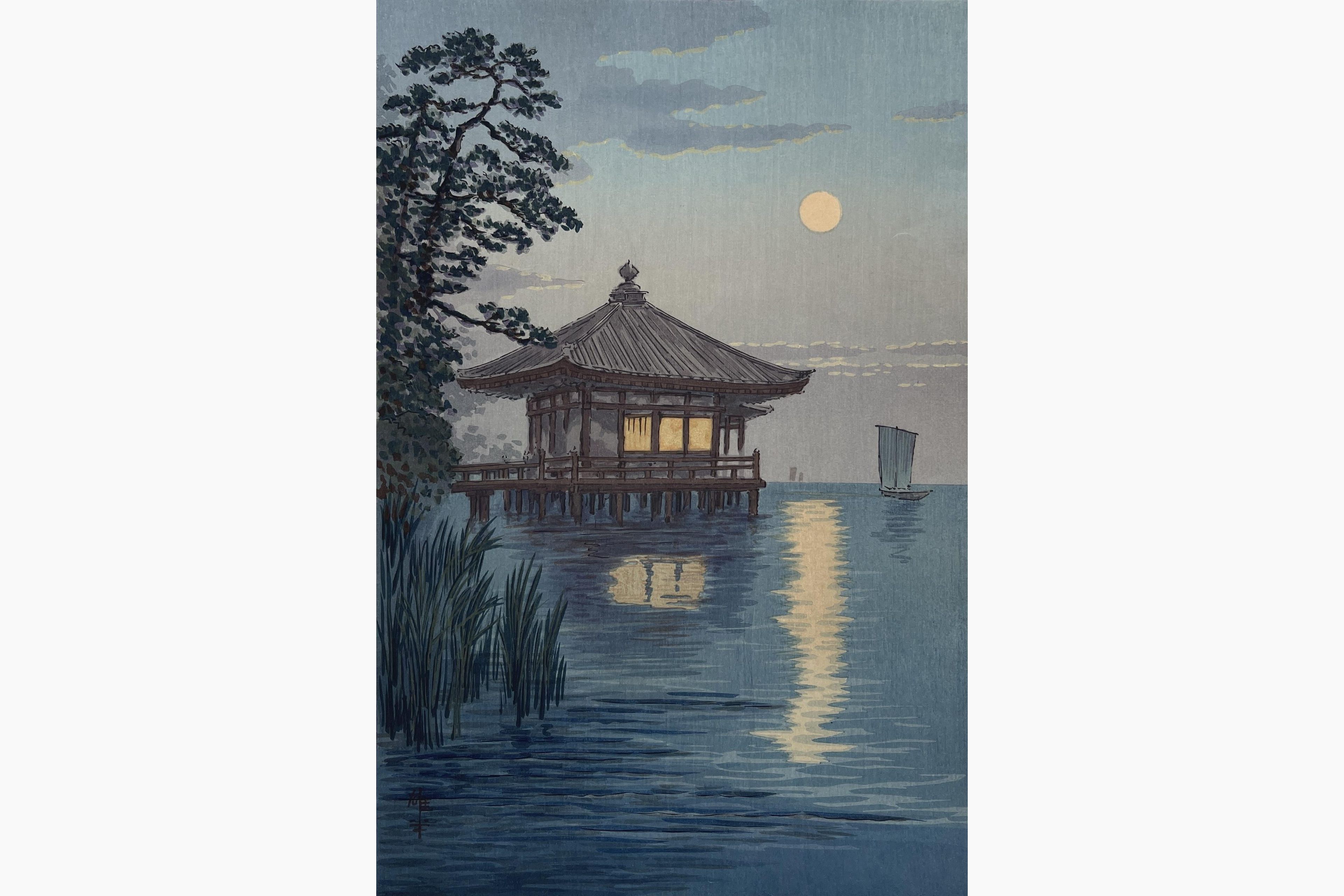 Original woodblock print - Ito Yuhan - Ukimido at Lake Biwa