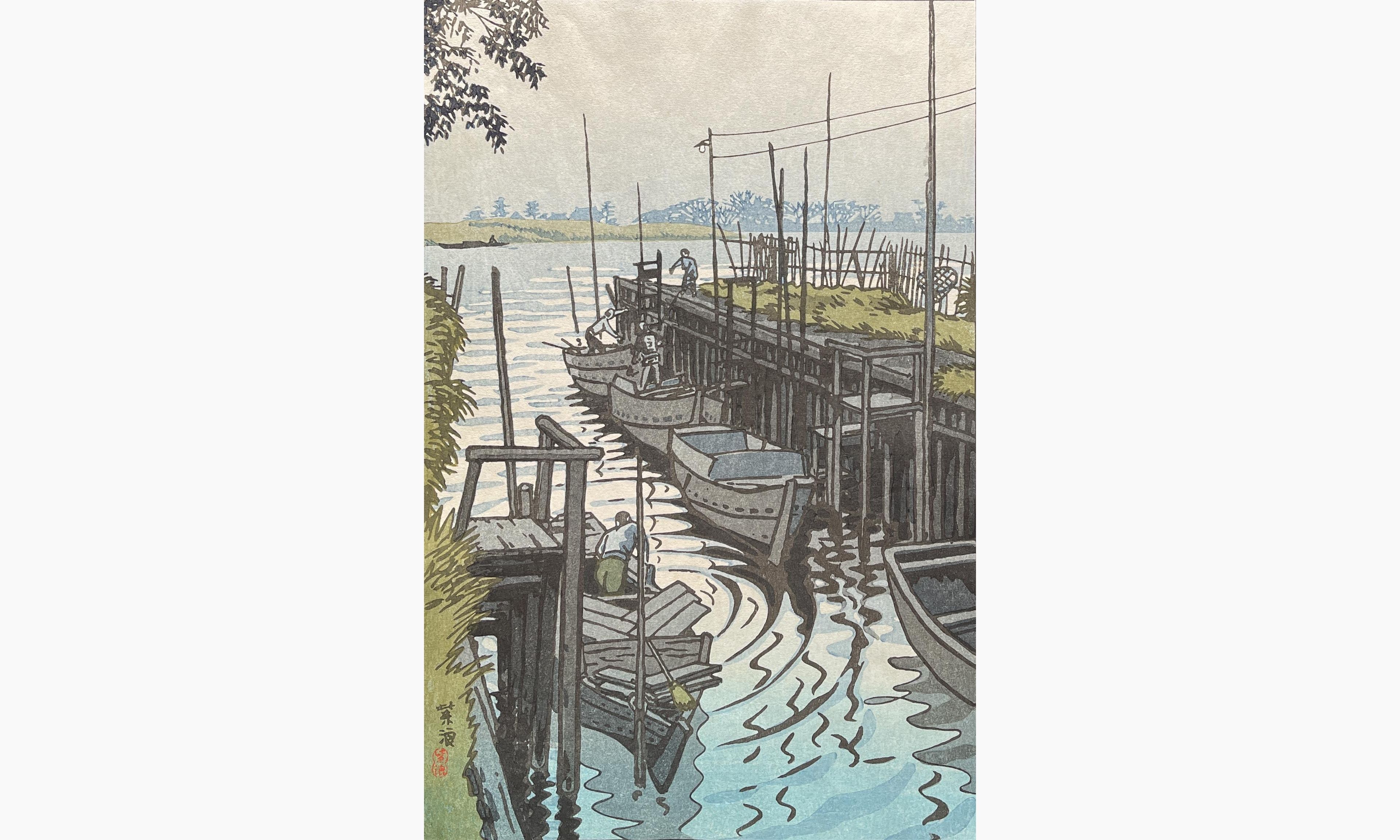 Original woodblock print - Kasamatsu Shiro - Ferry in Edogawa Imai